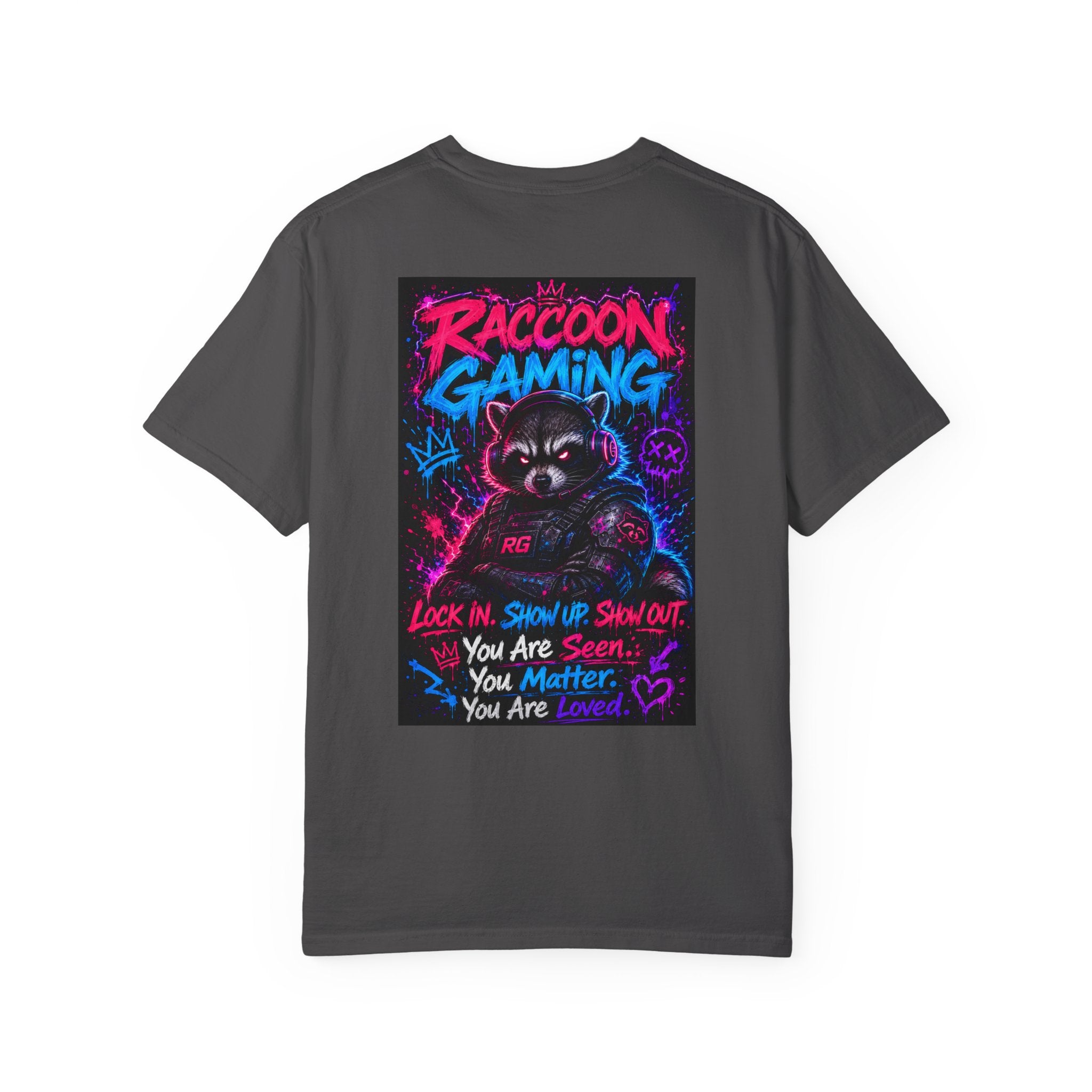 Raccoon Gaming Neon Poster T-Shirt — "Look In, Speak Up, Shine Out" Motivational Tee