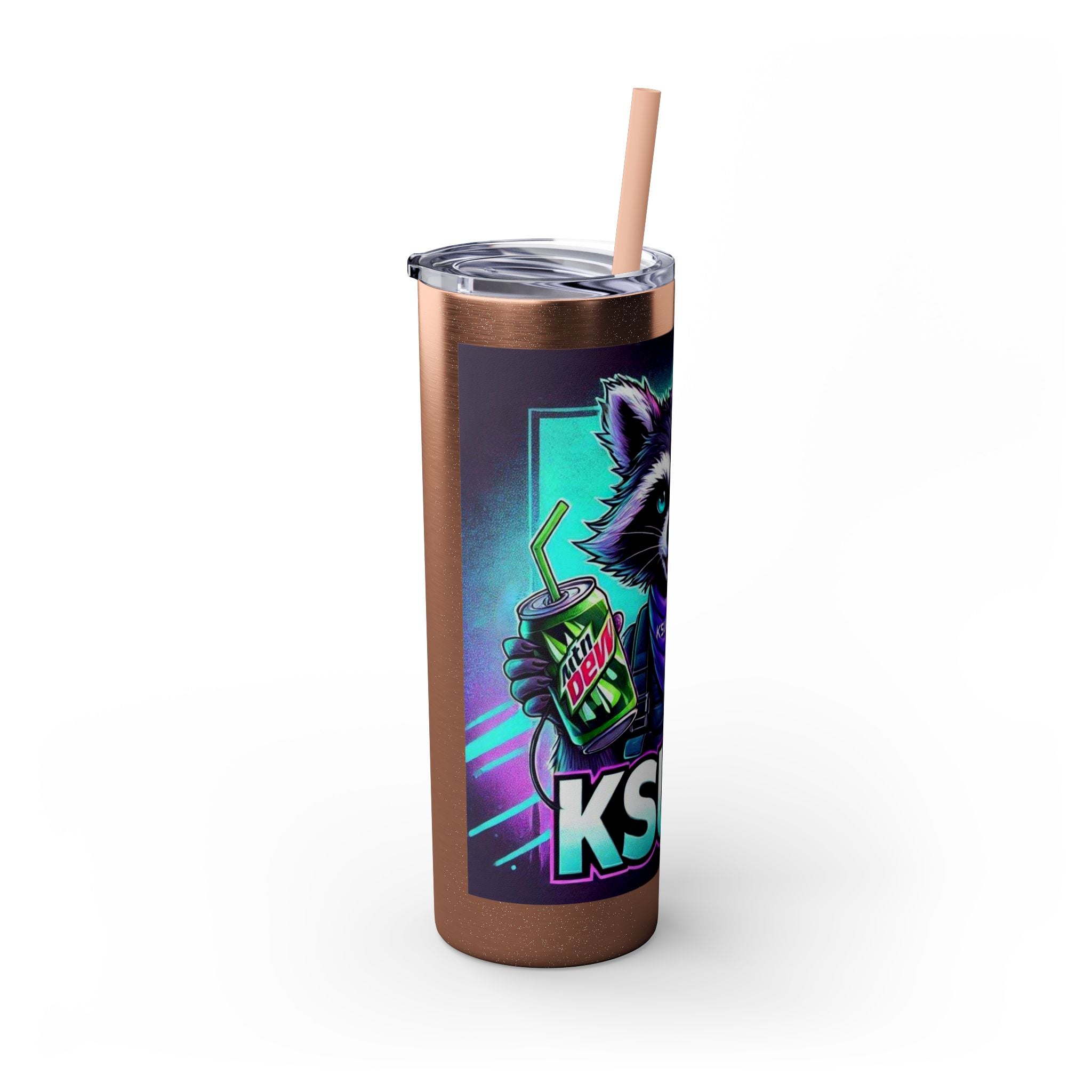 20oz Skinny Tumbler – Neon Gamer Raccoon Design with Straw (KSUE8)