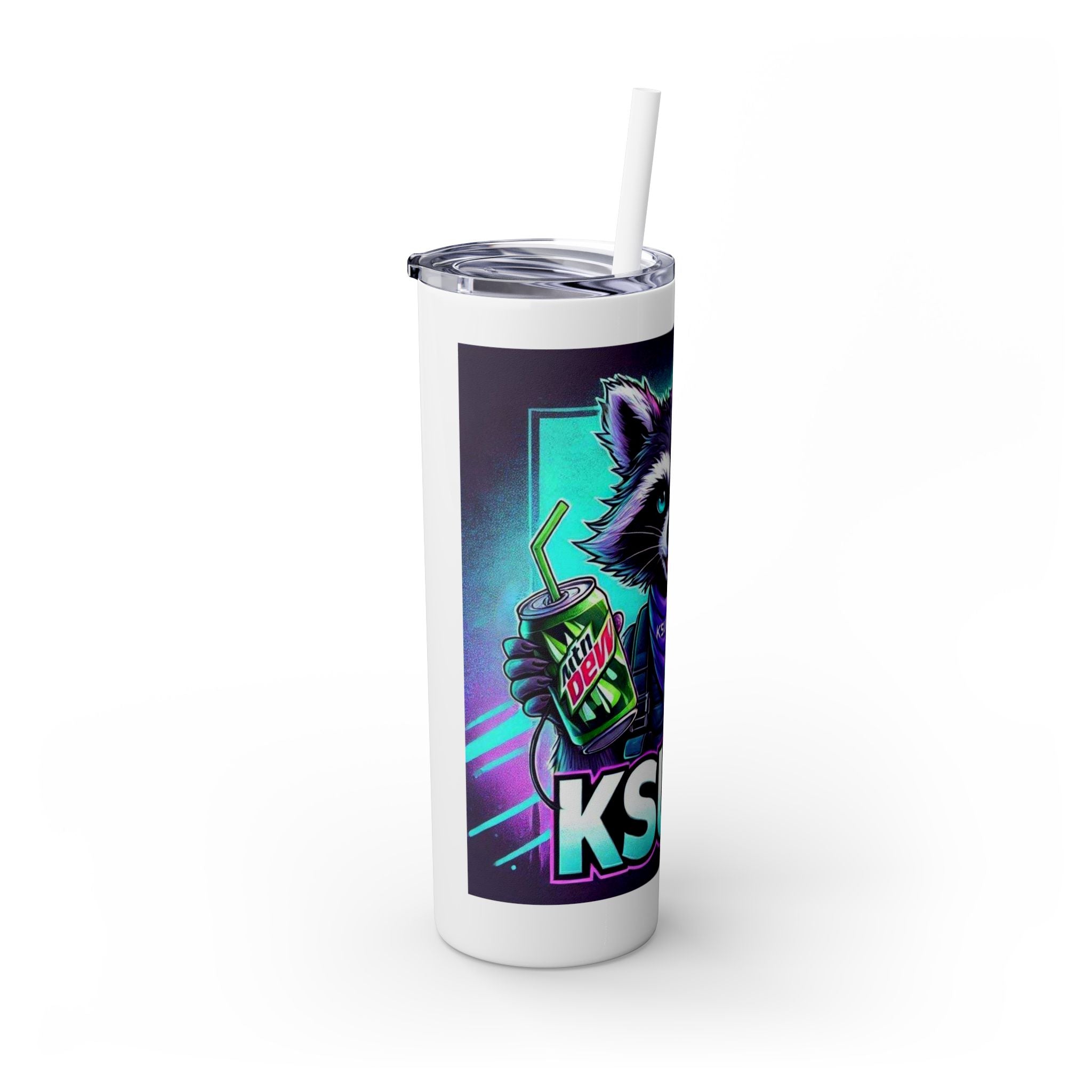 20oz Skinny Tumbler – Neon Gamer Raccoon Design with Straw (KSUE8)