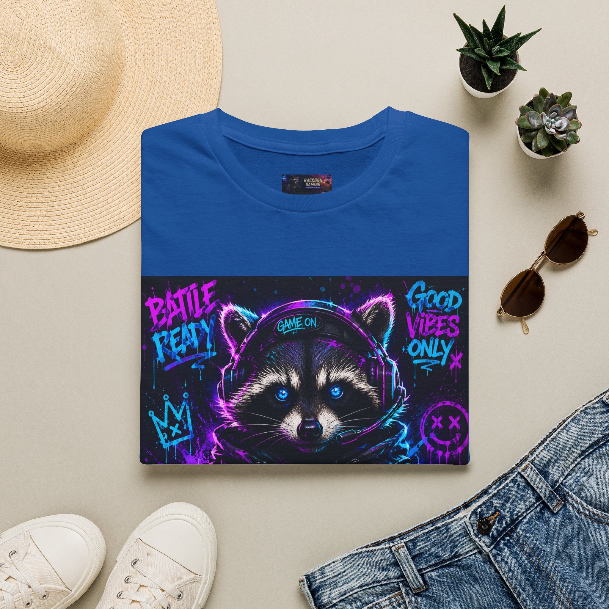 Raccoon Neon Graphic T-Shirt — "Good Vibes Only" Retro Gamer Streetwear