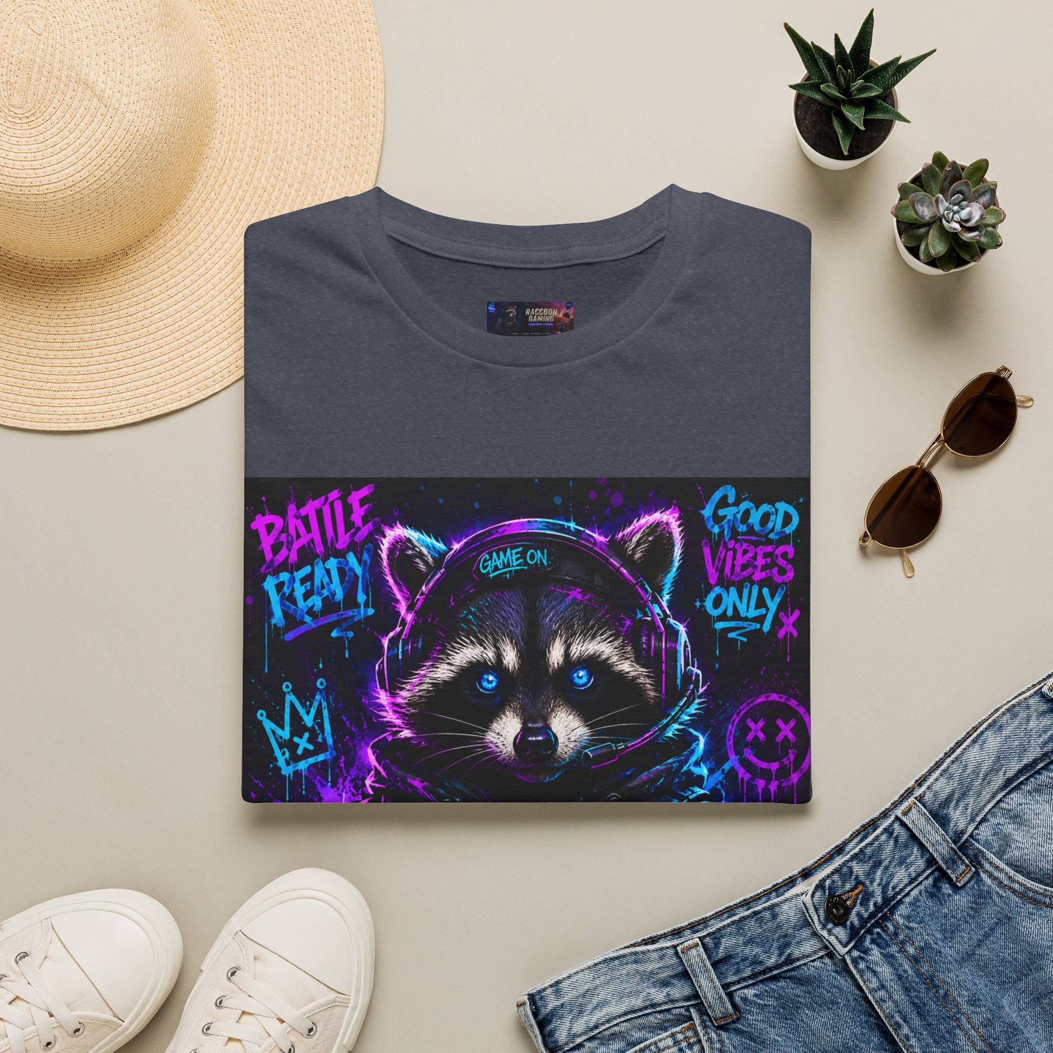 Raccoon Neon Graphic T-Shirt — "Good Vibes Only" Retro Gamer Streetwear