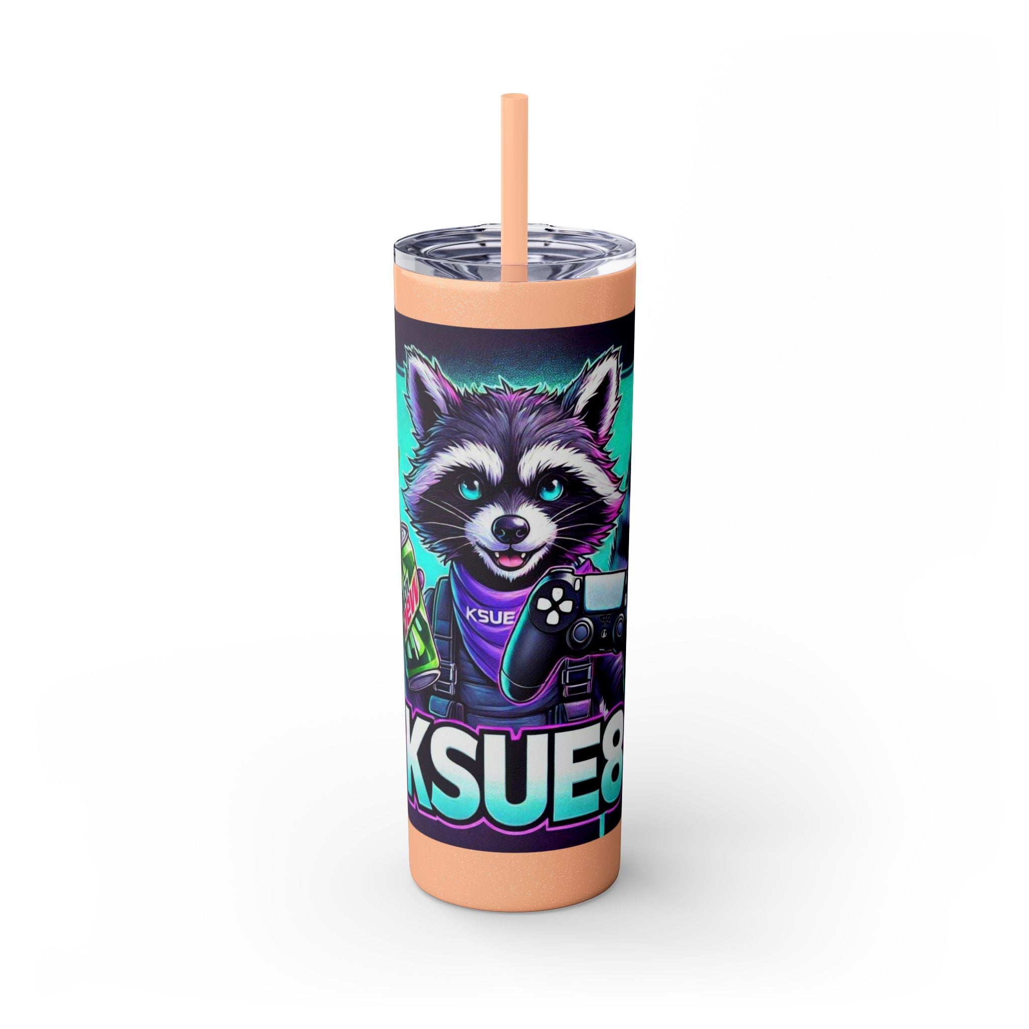 20oz Skinny Tumbler – Neon Gamer Raccoon Design with Straw (KSUE8)