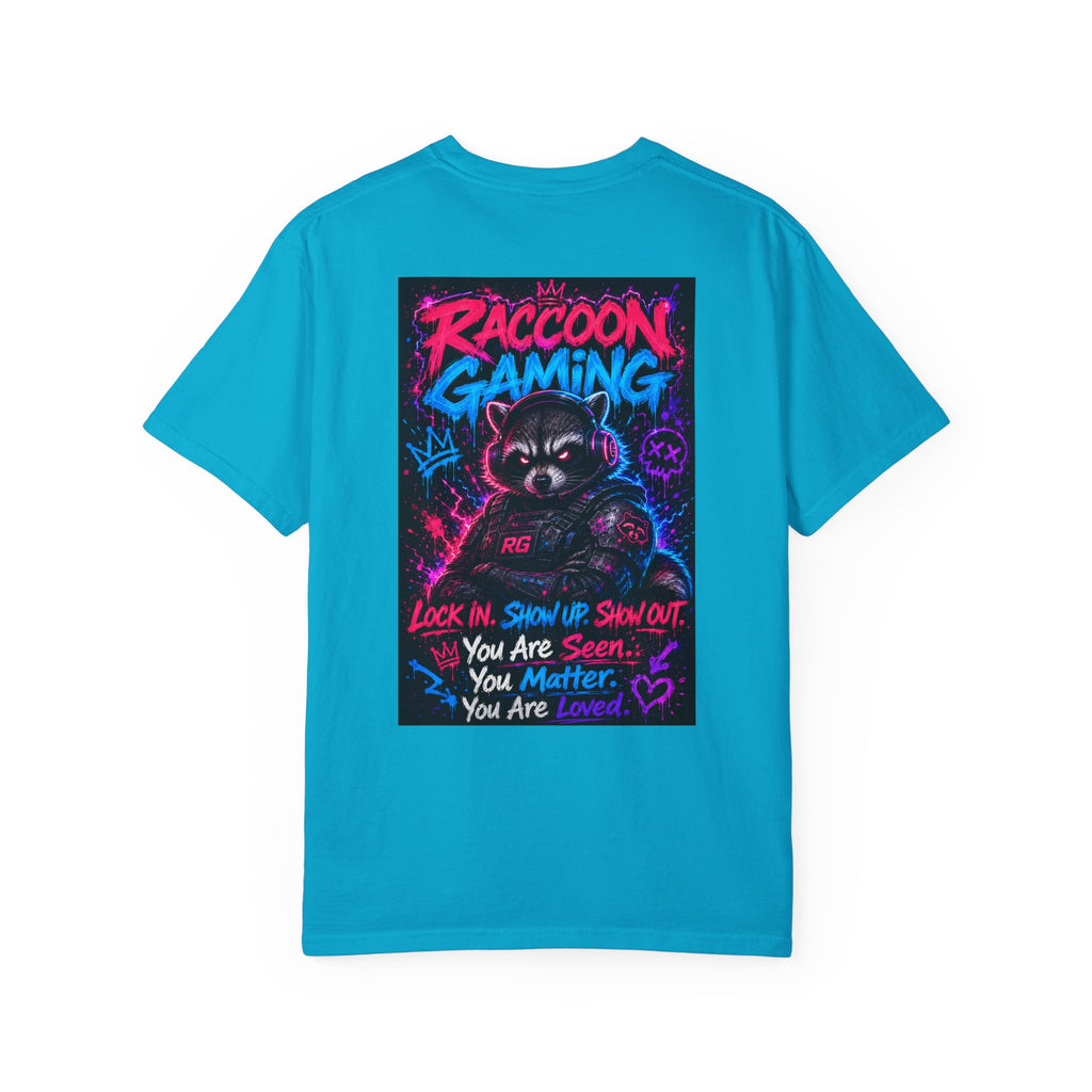 Raccoon Gaming Neon Poster T-Shirt — "Look In, Speak Up, Shine Out" Motivational Tee