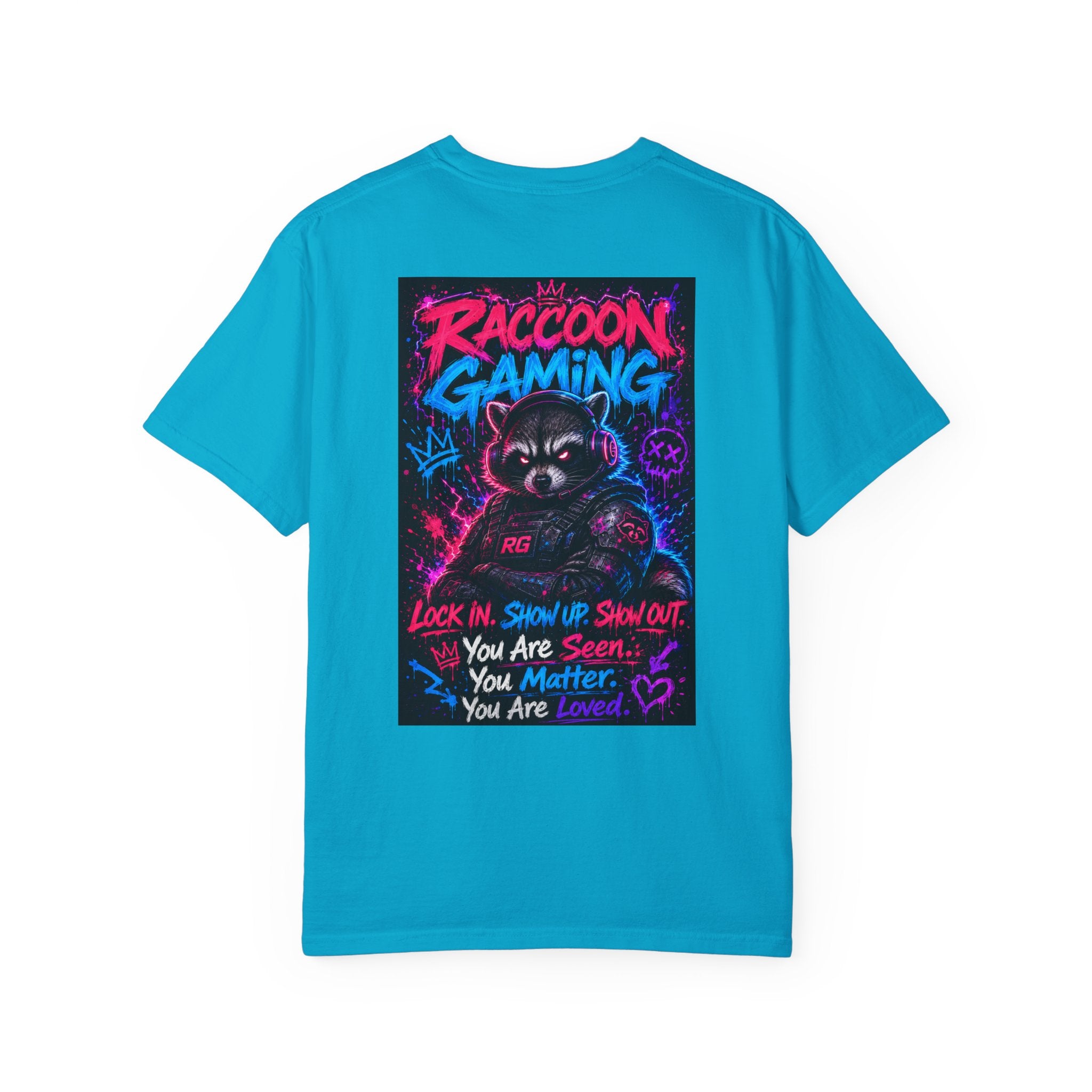 Raccoon Gaming Neon Poster T-Shirt — "Look In, Speak Up, Shine Out" Motivational Tee