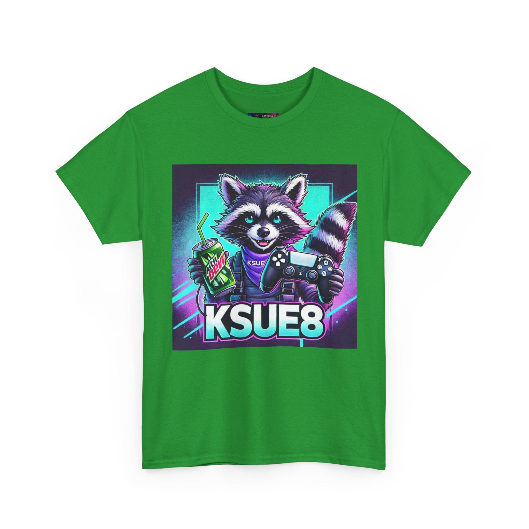 Raccoon Gamer Graphic Tee — 'KSUE8' Neon Retro Gaming T-Shirt