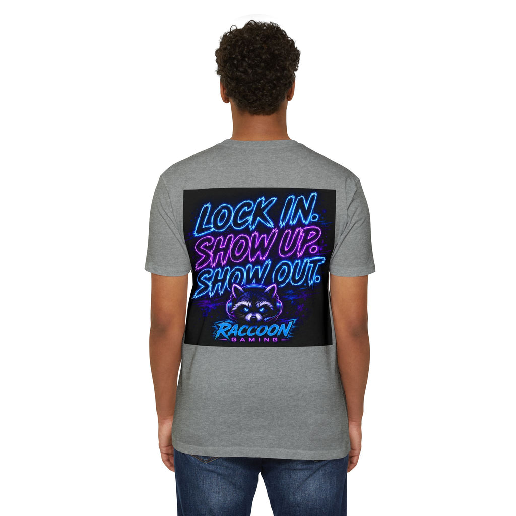 Raccoon Gaming T-Shirt — Neon Headset Mascot & “Lock In. Show Up. Show Out.” Graphic