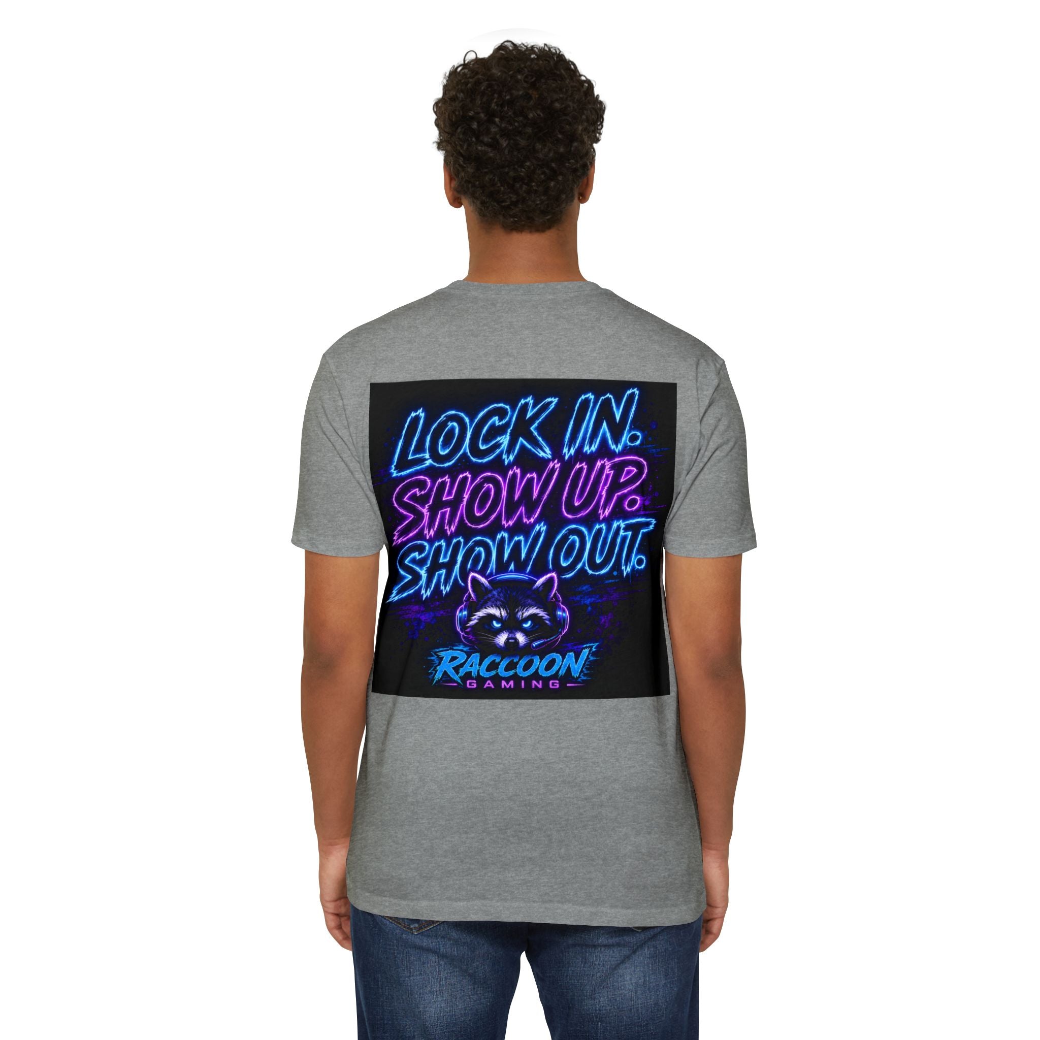 Raccoon Gaming T-Shirt — Neon Headset Mascot & “Lock In. Show Up. Show Out.” Graphic