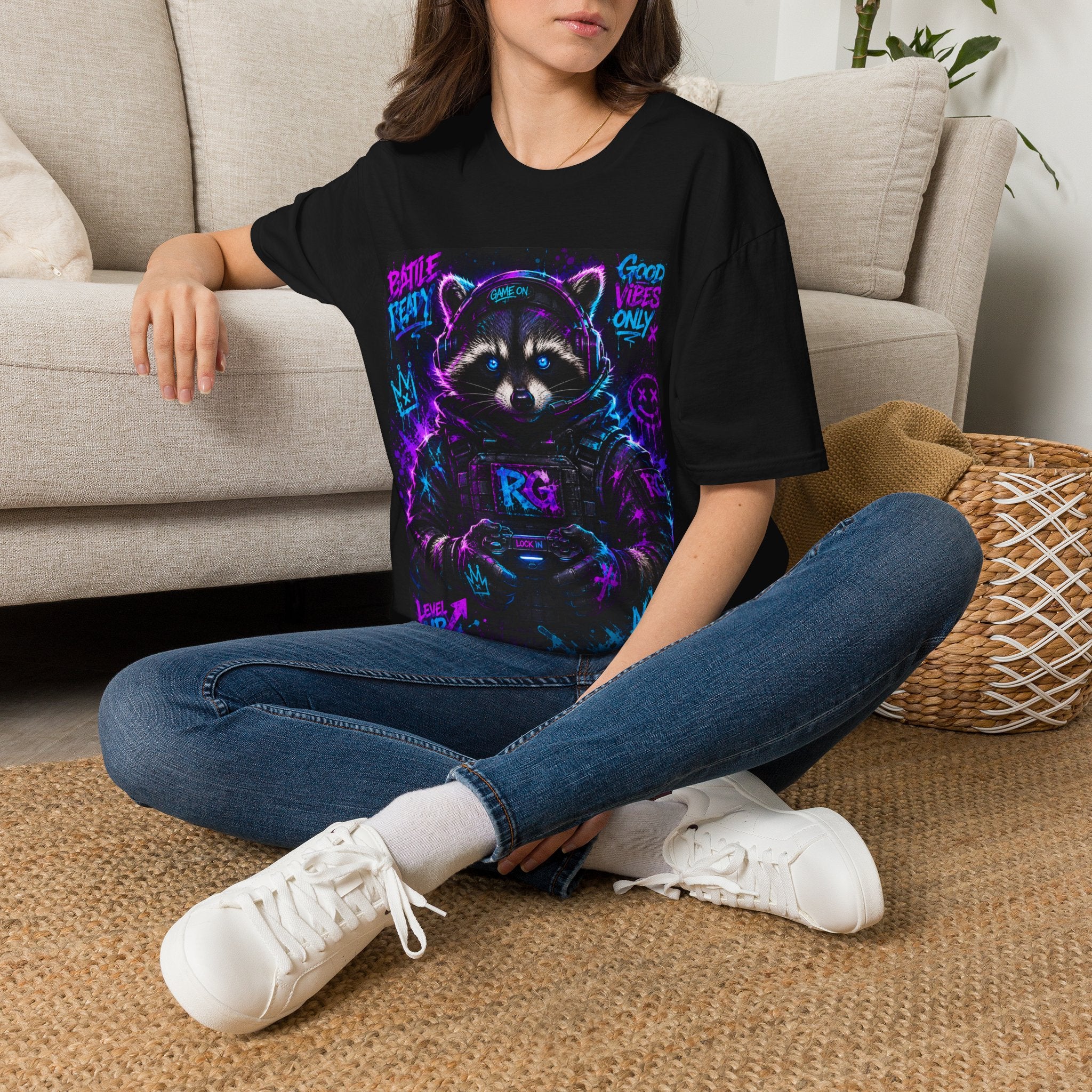 Raccoon Neon Graphic T-Shirt — "Good Vibes Only" Retro Gamer Streetwear
