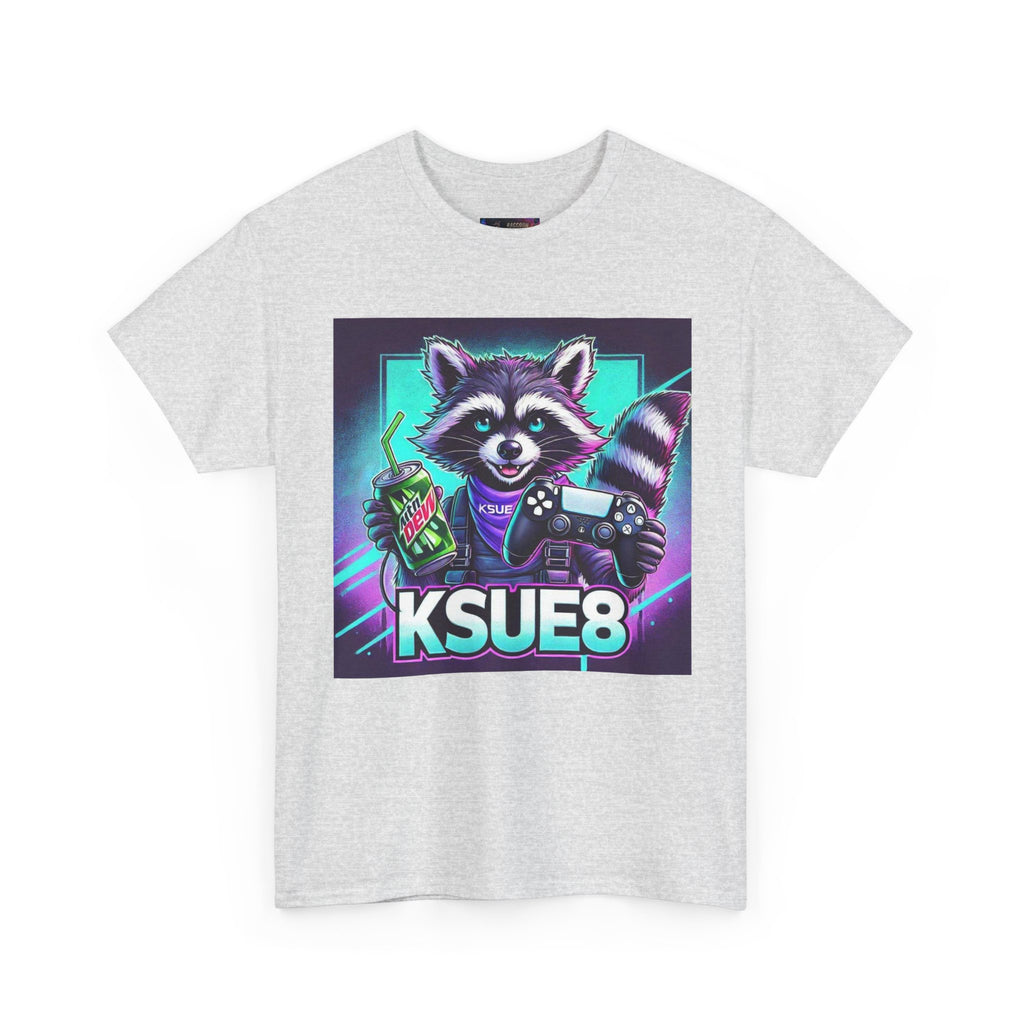 Raccoon Gamer Graphic Tee — 'KSUE8' Neon Retro Gaming T-Shirt