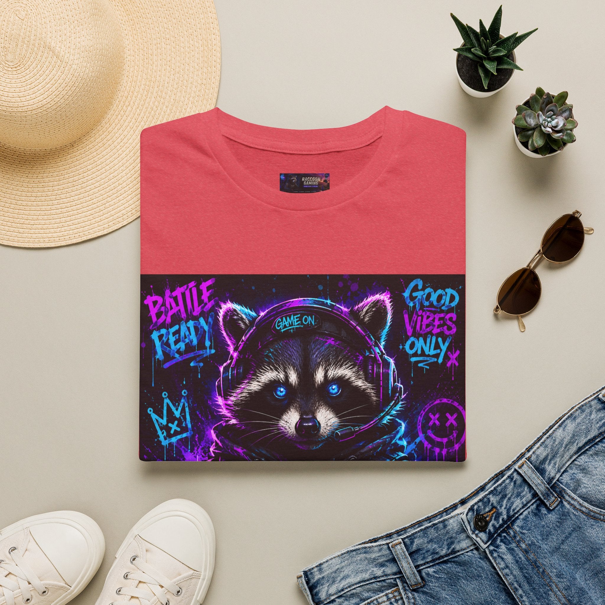 Raccoon Neon Graphic T-Shirt — "Good Vibes Only" Retro Gamer Streetwear