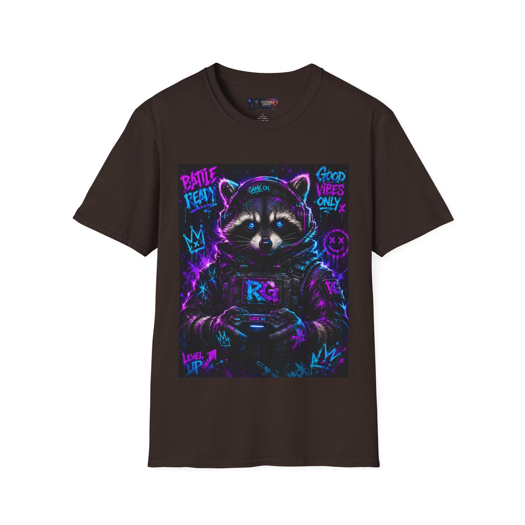 Raccoon Neon Graphic T-Shirt — "Good Vibes Only" Retro Gamer Streetwear