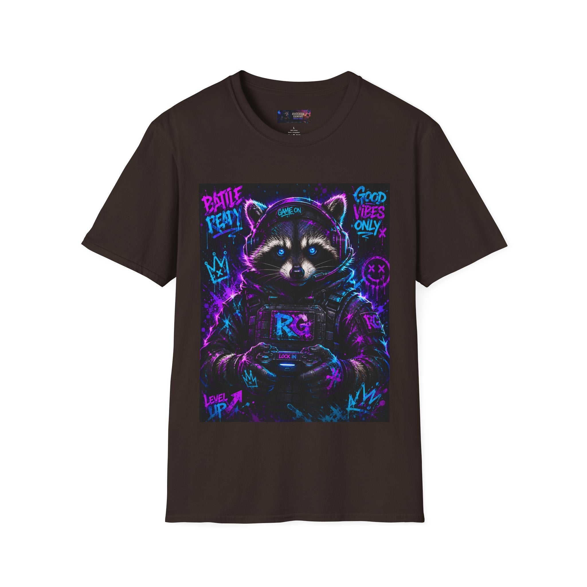Raccoon Neon Graphic T-Shirt — "Good Vibes Only" Retro Gamer Streetwear