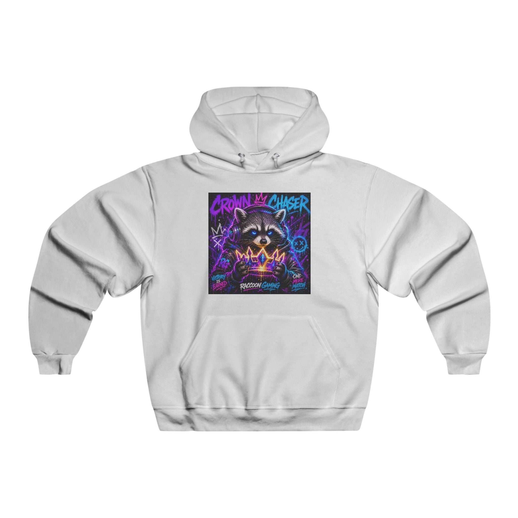 Gaming Raccoon Hoodie — Neon Retro Esports Sweatshirt ("Every Match Earned, Every Victory a Story")