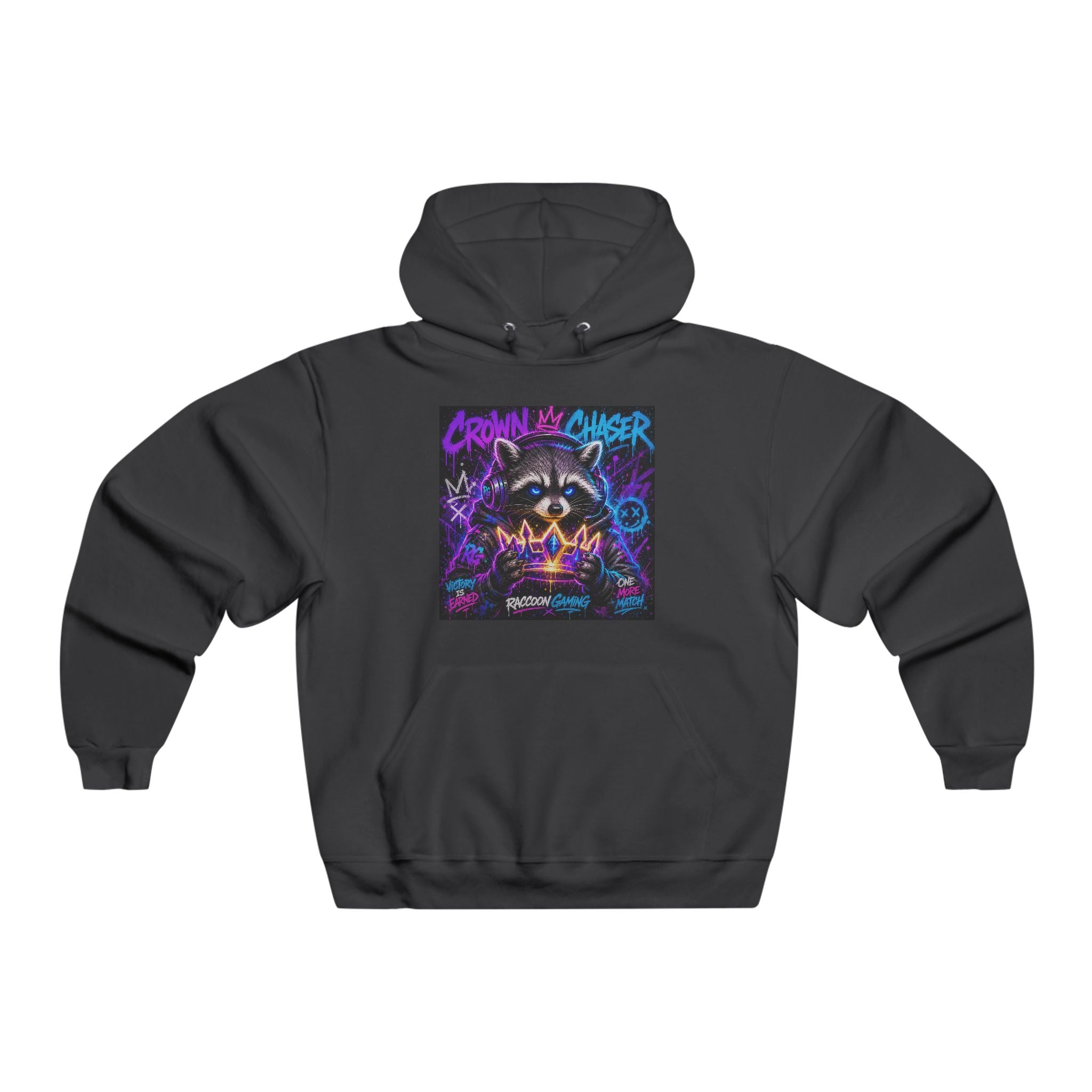 Gaming Raccoon Hoodie — Neon Retro Esports Sweatshirt ("Every Match Earned, Every Victory a Story")