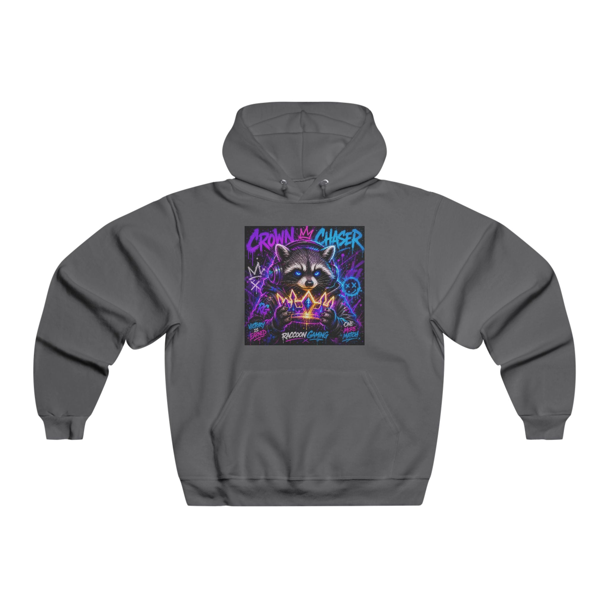 Gaming Raccoon Hoodie — Neon Retro Esports Sweatshirt ("Every Match Earned, Every Victory a Story")