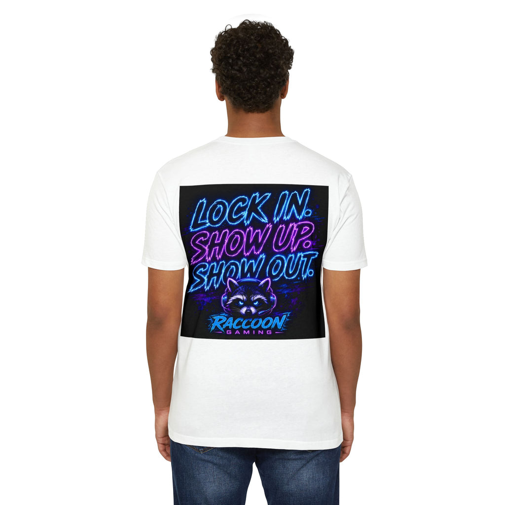 Raccoon Gaming T-Shirt — Neon Headset Mascot & “Lock In. Show Up. Show Out.” Graphic