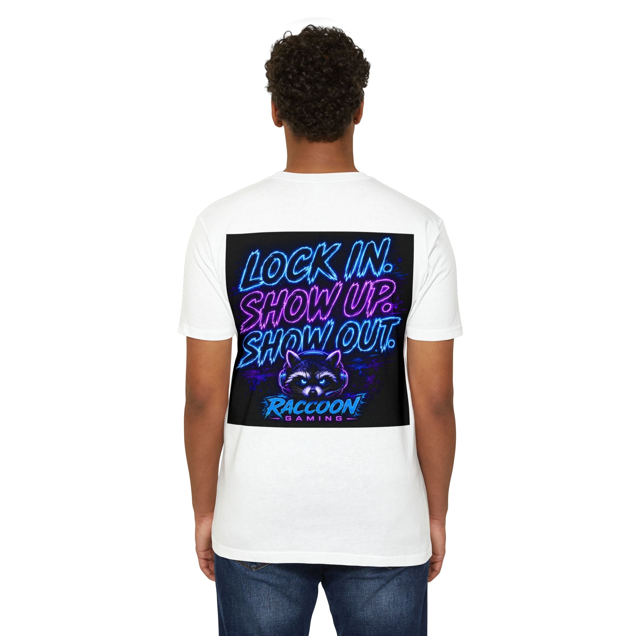 Raccoon Gaming T-Shirt — Neon Headset Mascot & “Lock In. Show Up. Show Out.” Graphic