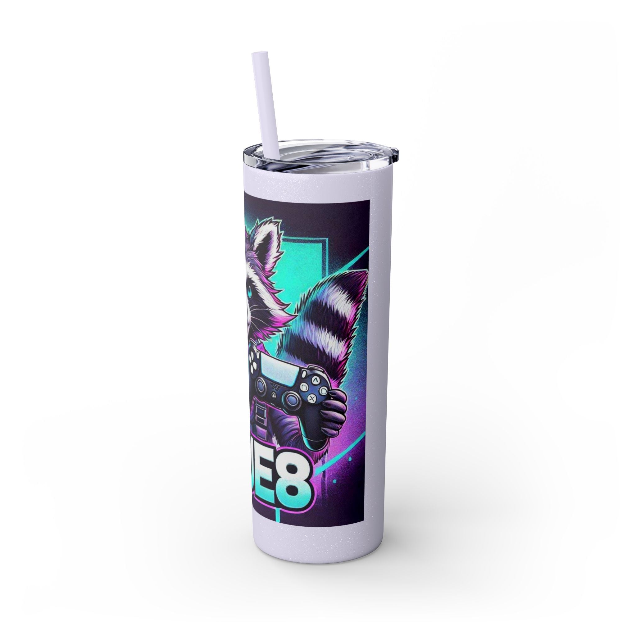 20oz Skinny Tumbler – Neon Gamer Raccoon Design with Straw (KSUE8)