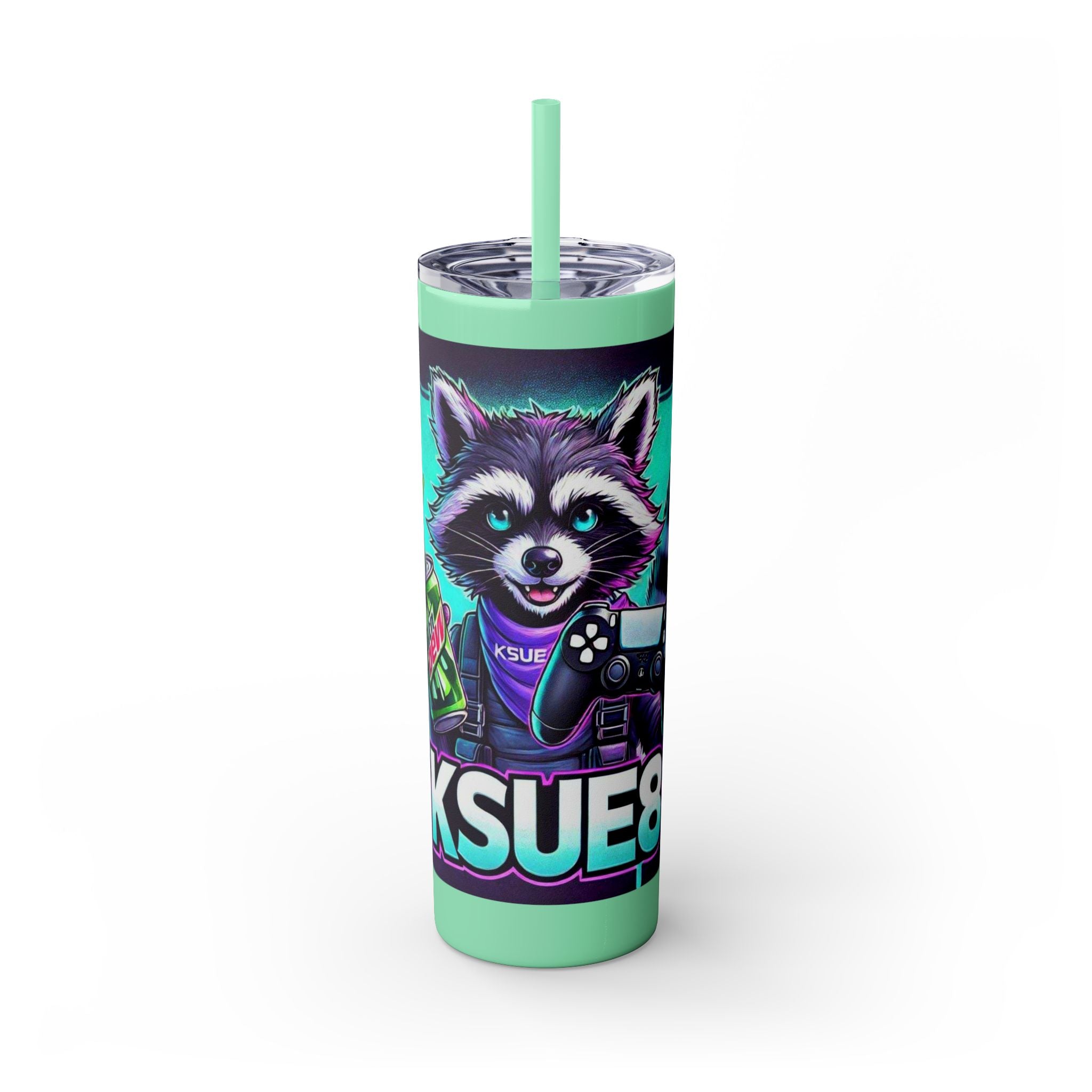 20oz Skinny Tumbler – Neon Gamer Raccoon Design with Straw (KSUE8)