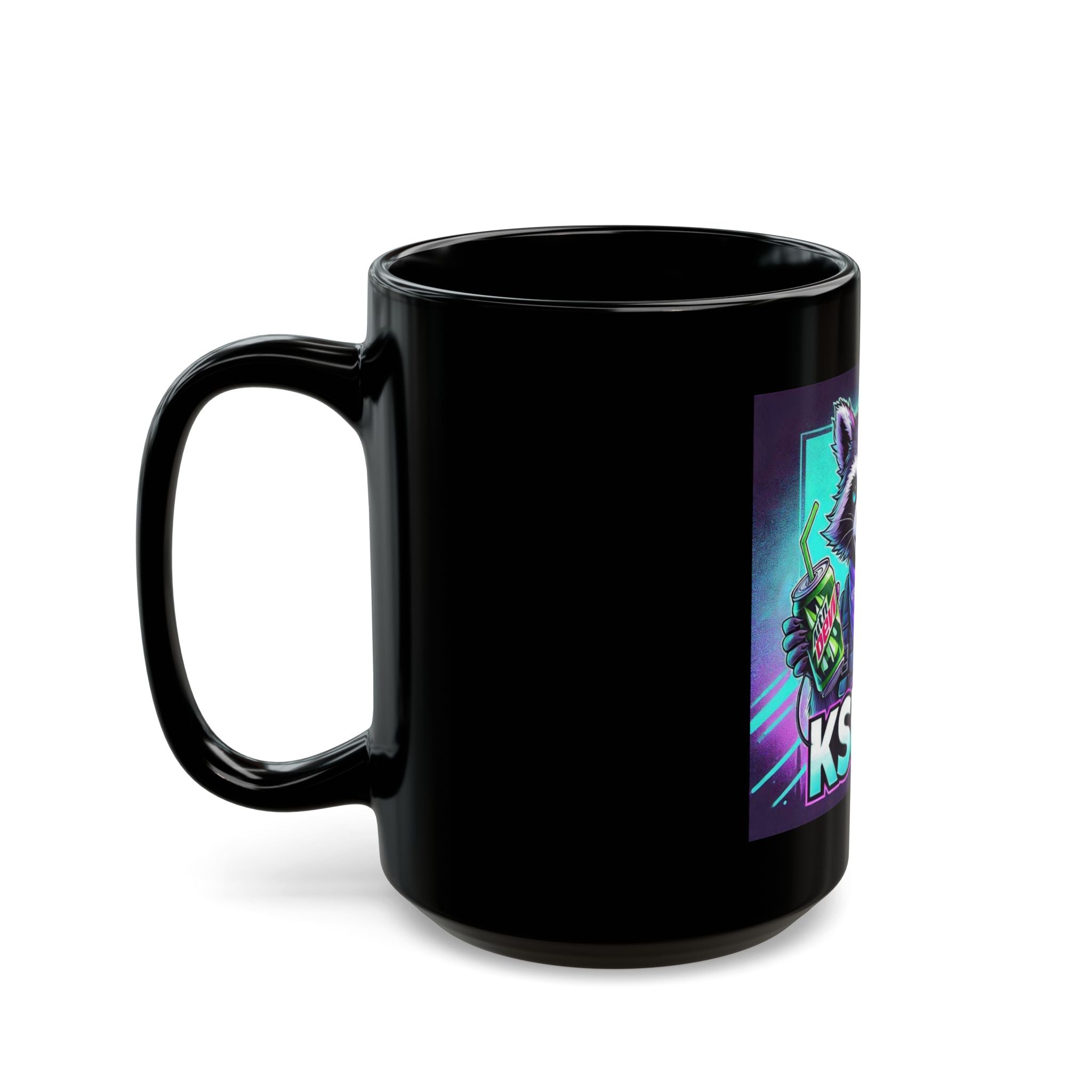 Gamer Raccoon Black Mug — KSUE8 Gaming Controller & Energy Drink Design (11oz/15oz)