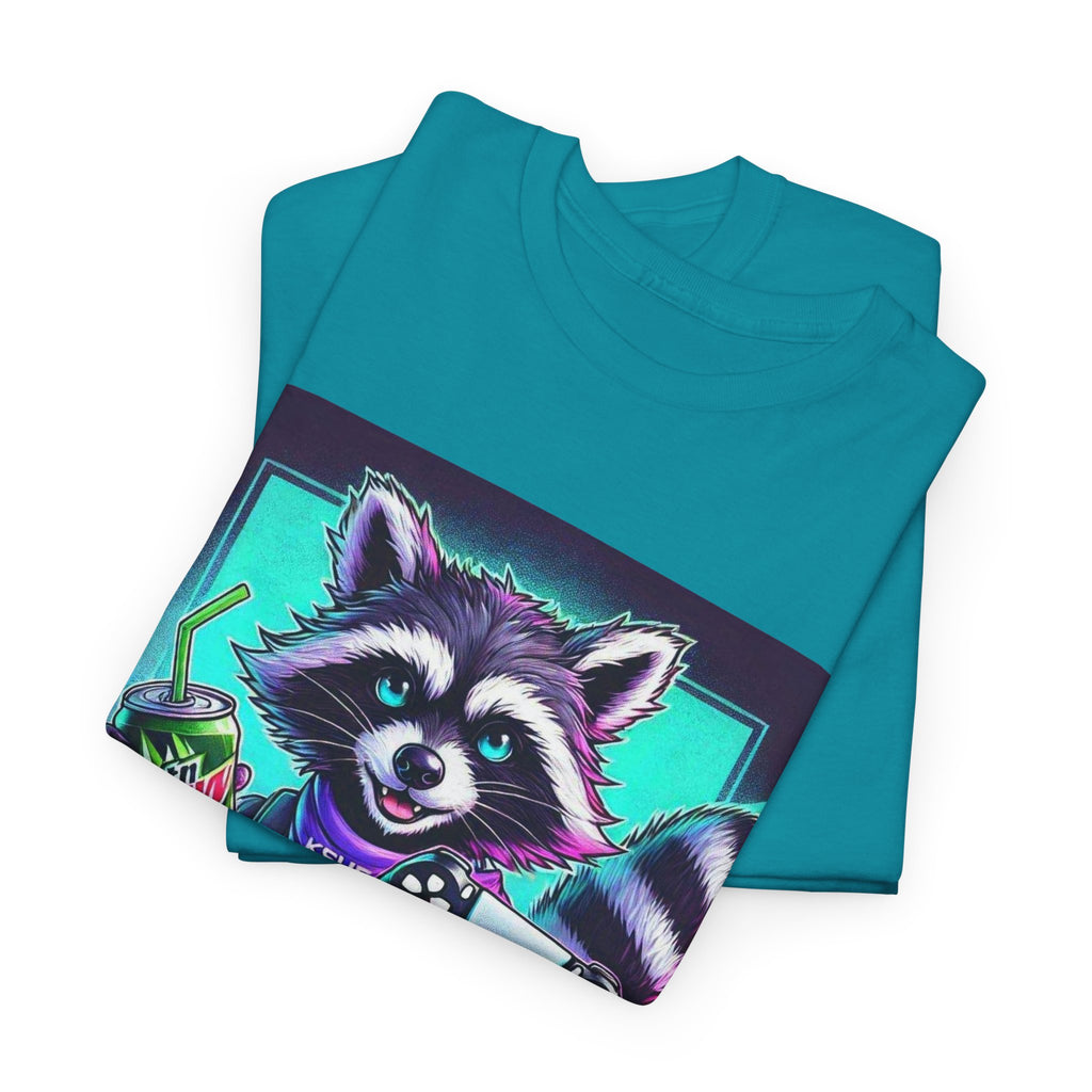 Raccoon Gamer Graphic Tee — 'KSUE8' Neon Retro Gaming T-Shirt