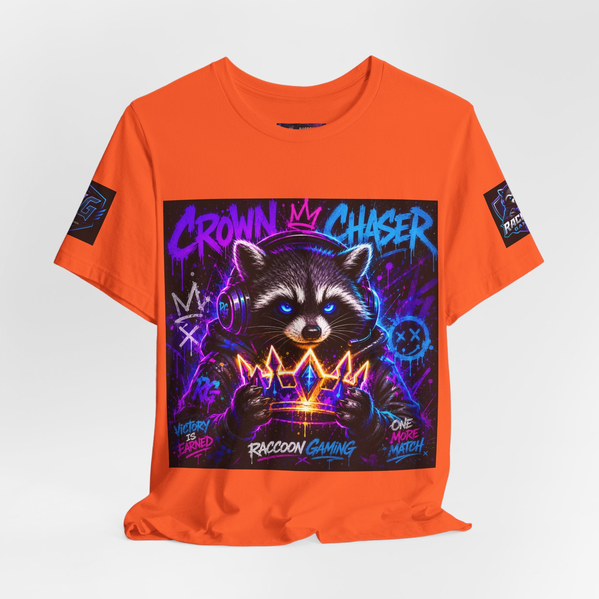 Crown Chaser Raccoon Gaming Tee — "Every Match is Earned" Gamer T-Shirt