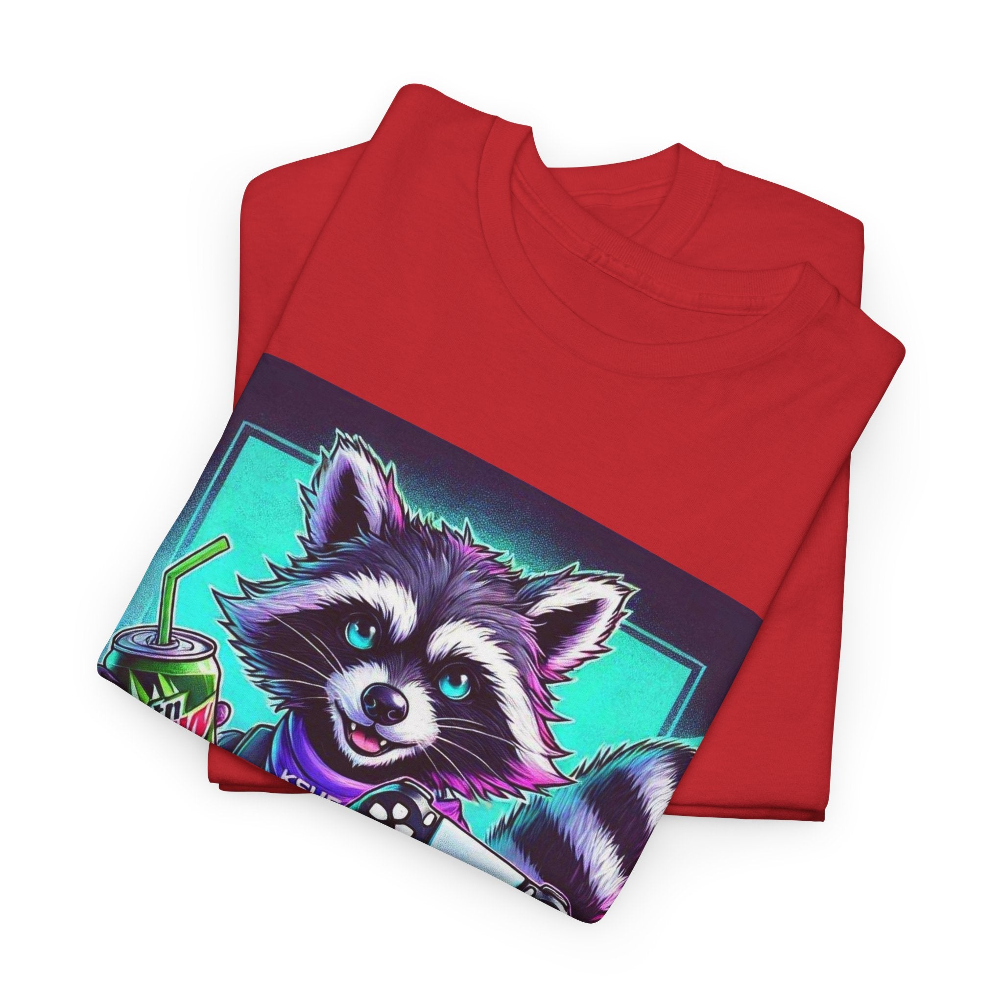 Raccoon Gamer Graphic Tee — 'KSUE8' Neon Retro Gaming T-Shirt