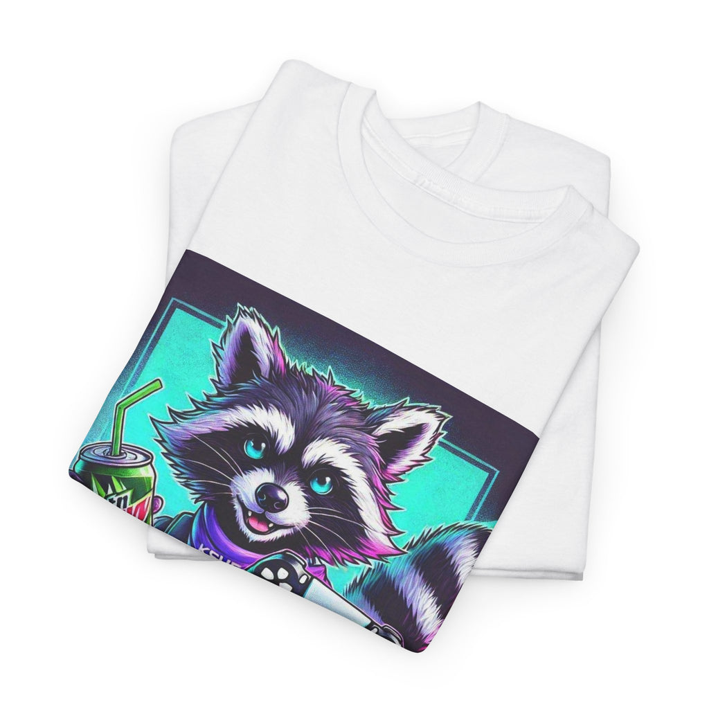 Raccoon Gamer Graphic Tee — 'KSUE8' Neon Retro Gaming T-Shirt