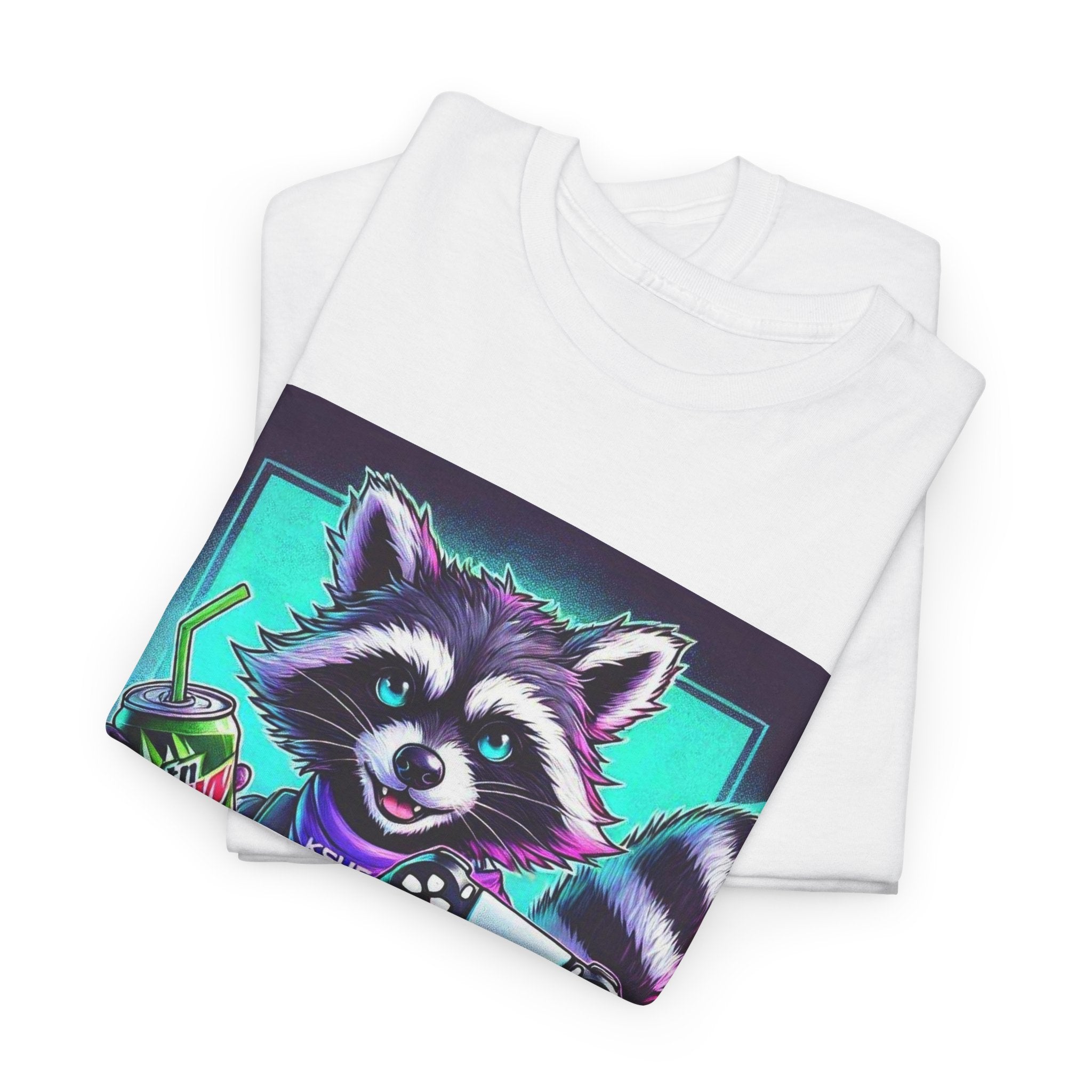 Raccoon Gamer Graphic Tee — 'KSUE8' Neon Retro Gaming T-Shirt