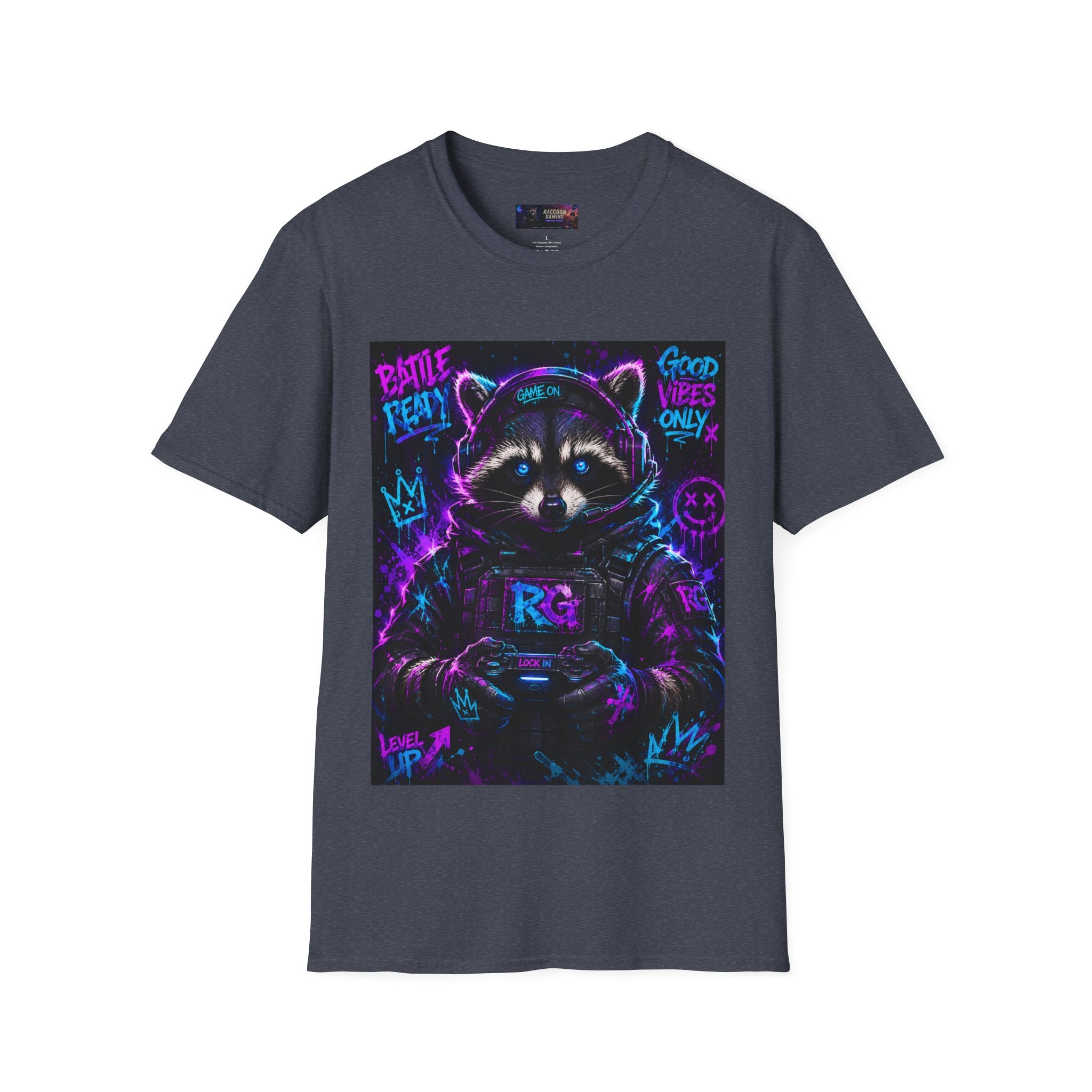 Raccoon Neon Graphic T-Shirt — "Good Vibes Only" Retro Gamer Streetwear