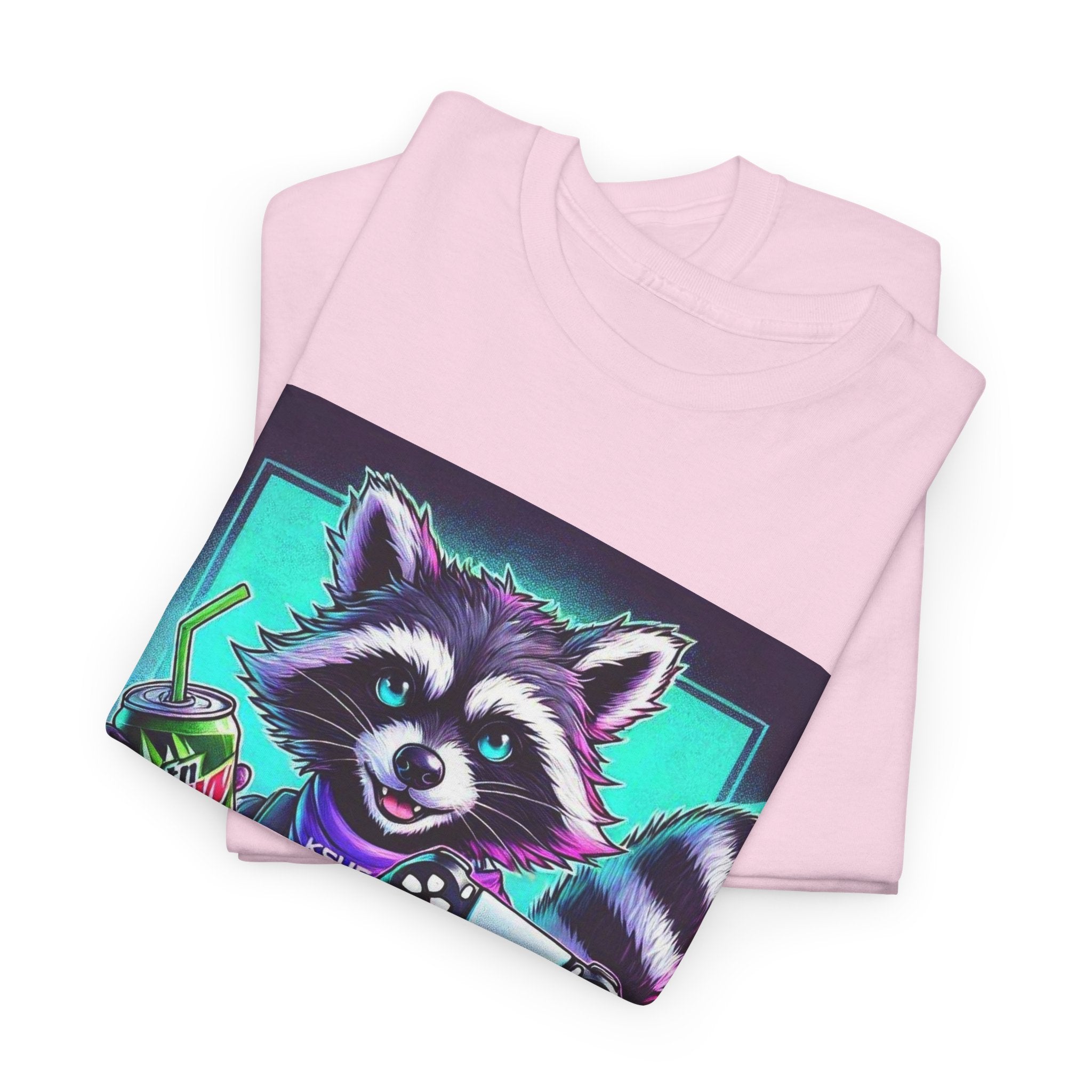 Raccoon Gamer Graphic Tee — 'KSUE8' Neon Retro Gaming T-Shirt