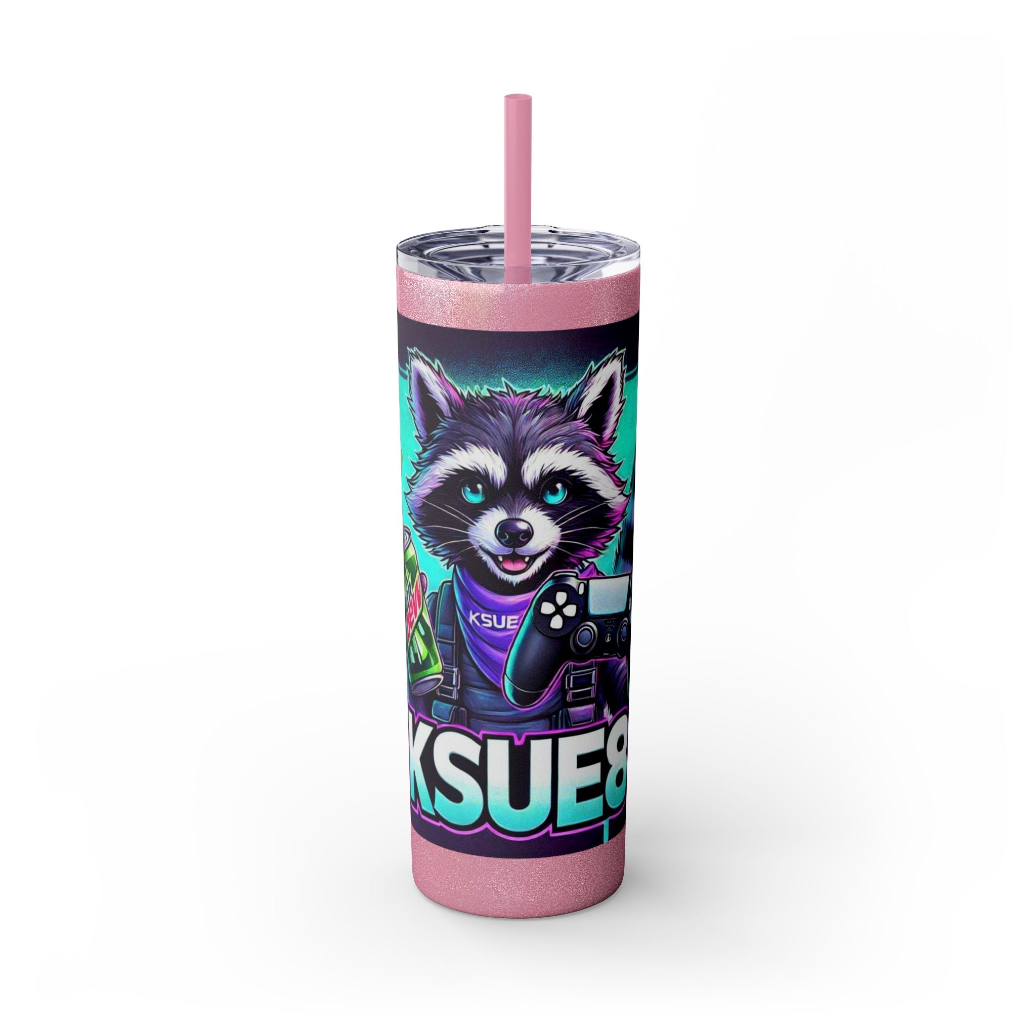 20oz Skinny Tumbler – Neon Gamer Raccoon Design with Straw (KSUE8)