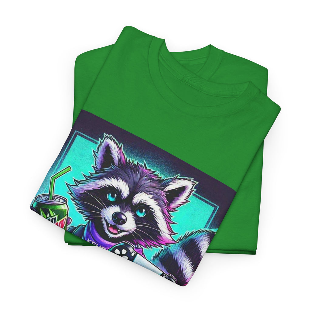 Raccoon Gamer Graphic Tee — 'KSUE8' Neon Retro Gaming T-Shirt