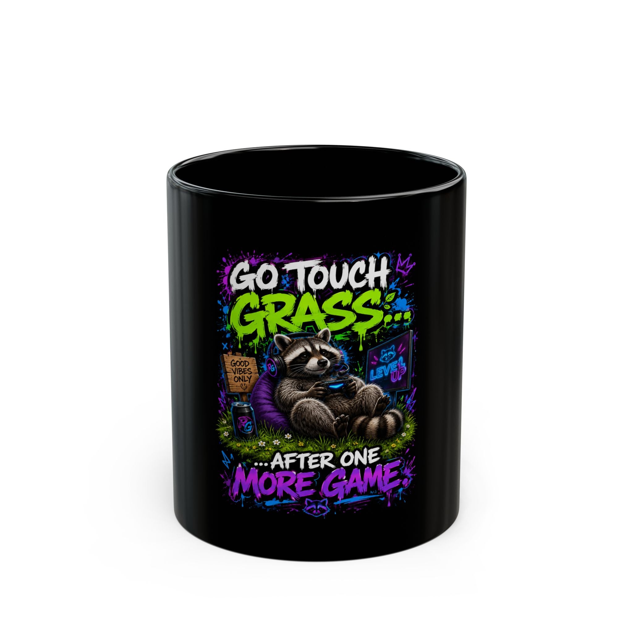 Gamer Sloth Mug — "Go Touch Grass... After One More Game" Black Coffee Cup (11oz/15oz)