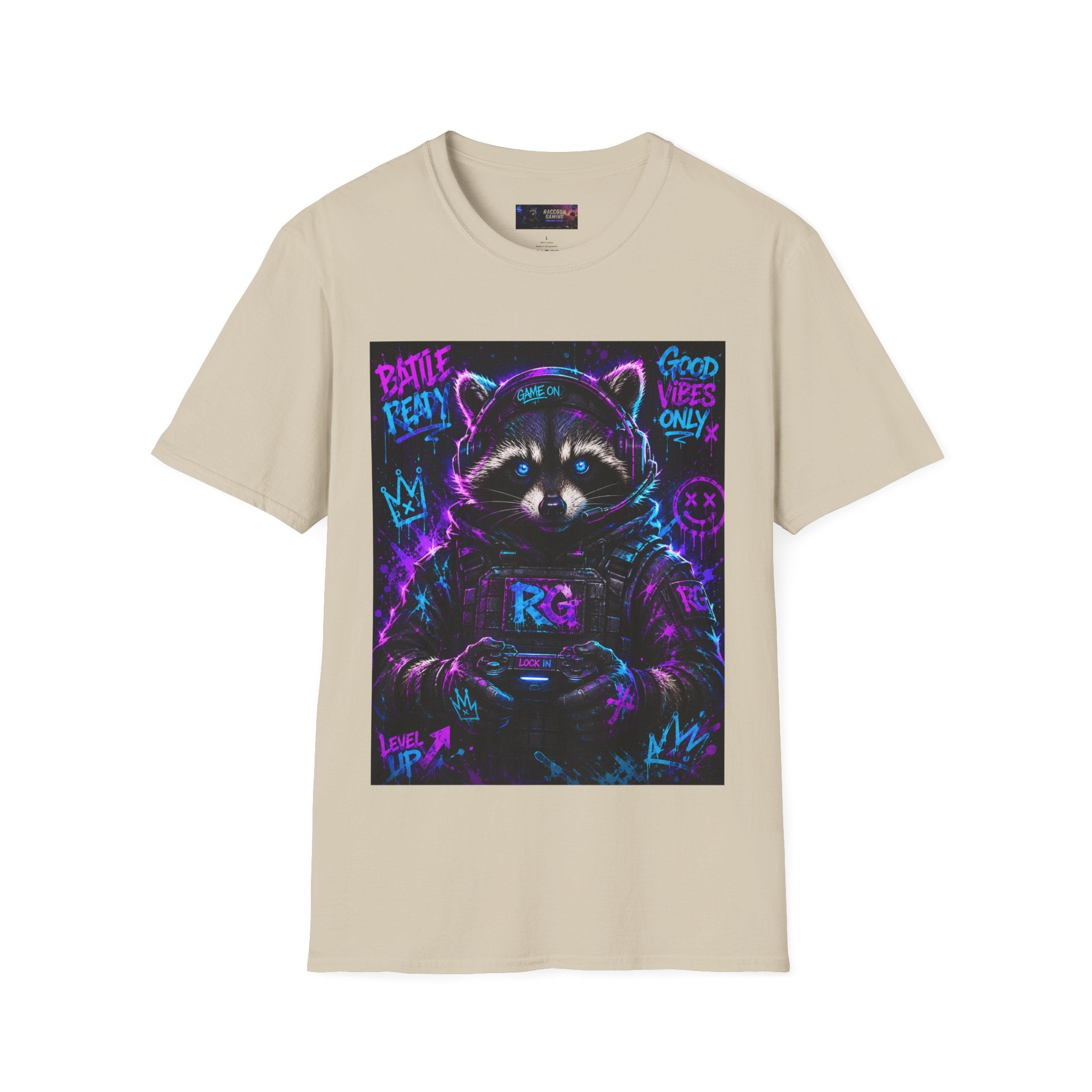 Raccoon Neon Graphic T-Shirt — "Good Vibes Only" Retro Gamer Streetwear