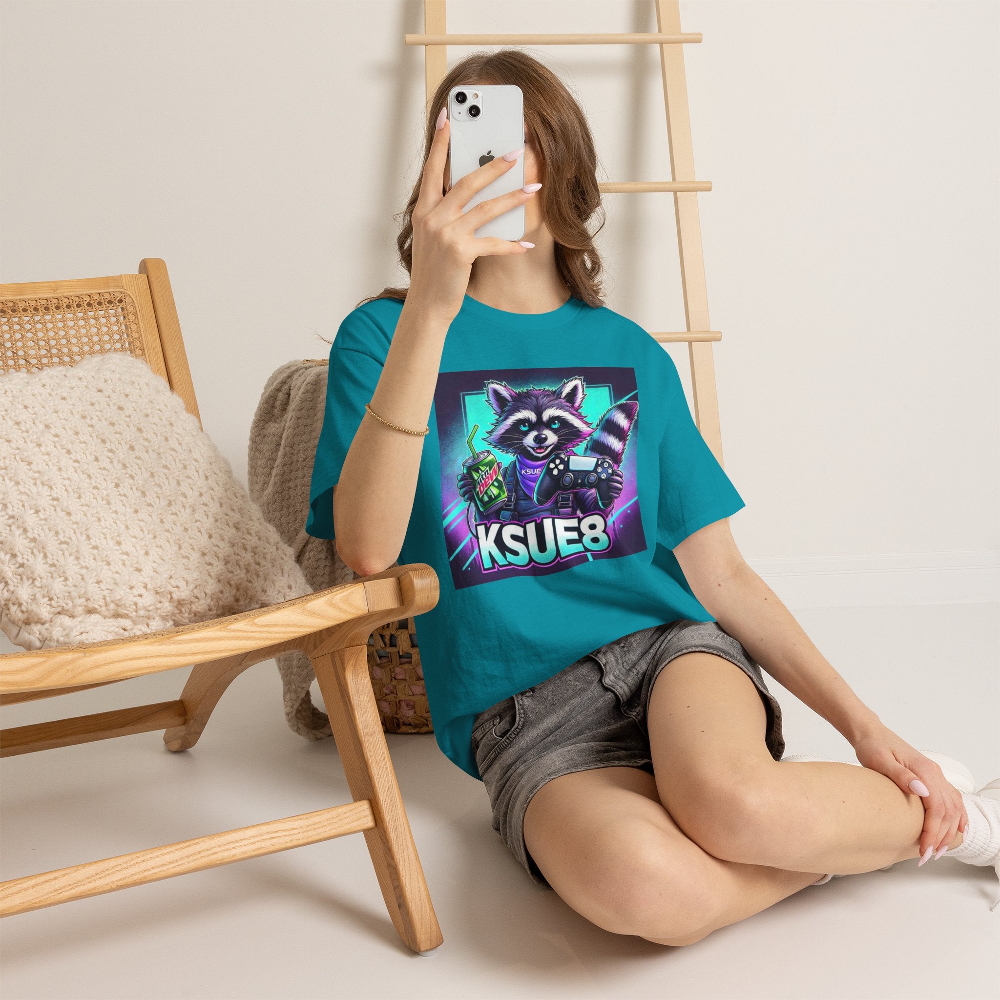 Raccoon Gamer Graphic Tee — 'KSUE8' Neon Retro Gaming T-Shirt
