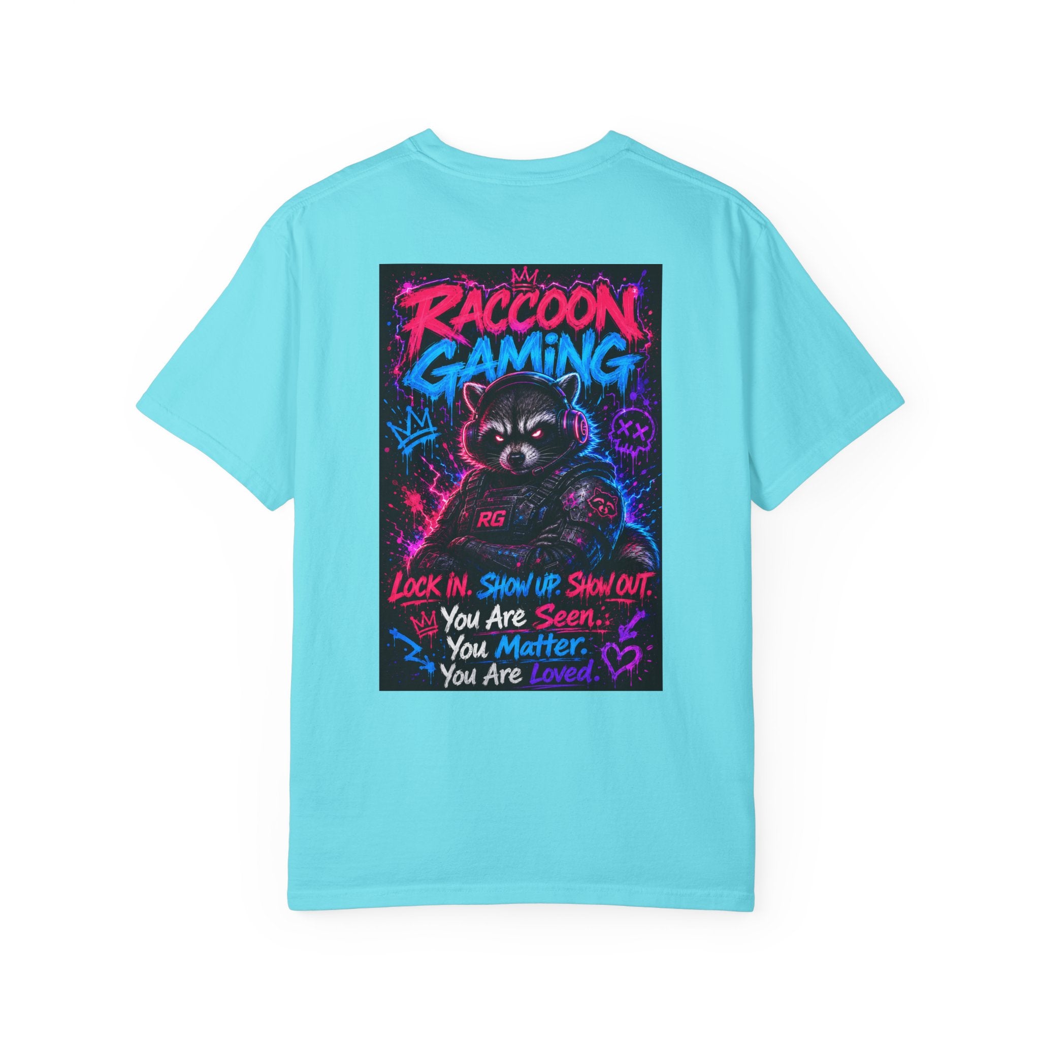 Raccoon Gaming Neon Poster T-Shirt — "Look In, Speak Up, Shine Out" Motivational Tee