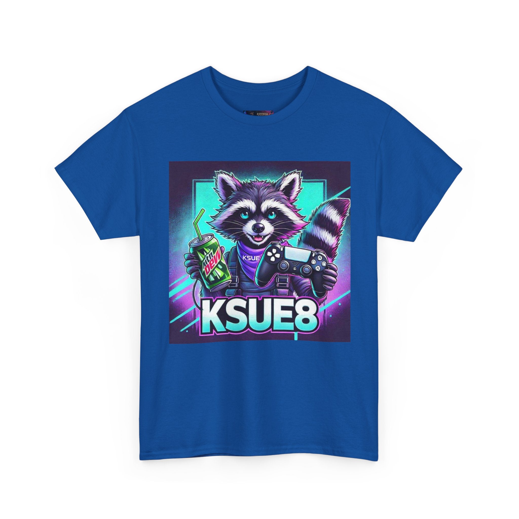 Raccoon Gamer Graphic Tee — 'KSUE8' Neon Retro Gaming T-Shirt