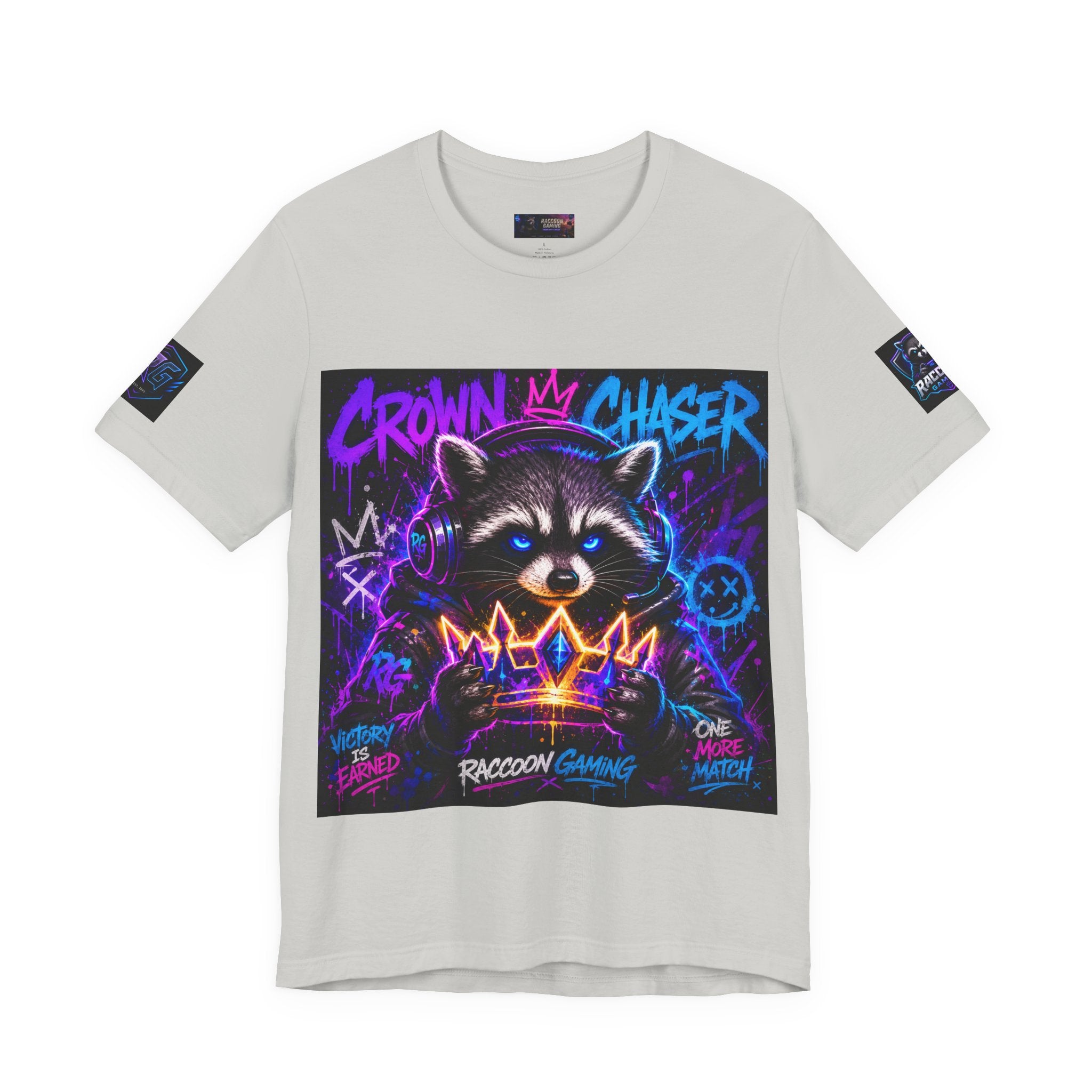 Crown Chaser Raccoon Gaming Tee — "Every Match is Earned" Gamer T-Shirt