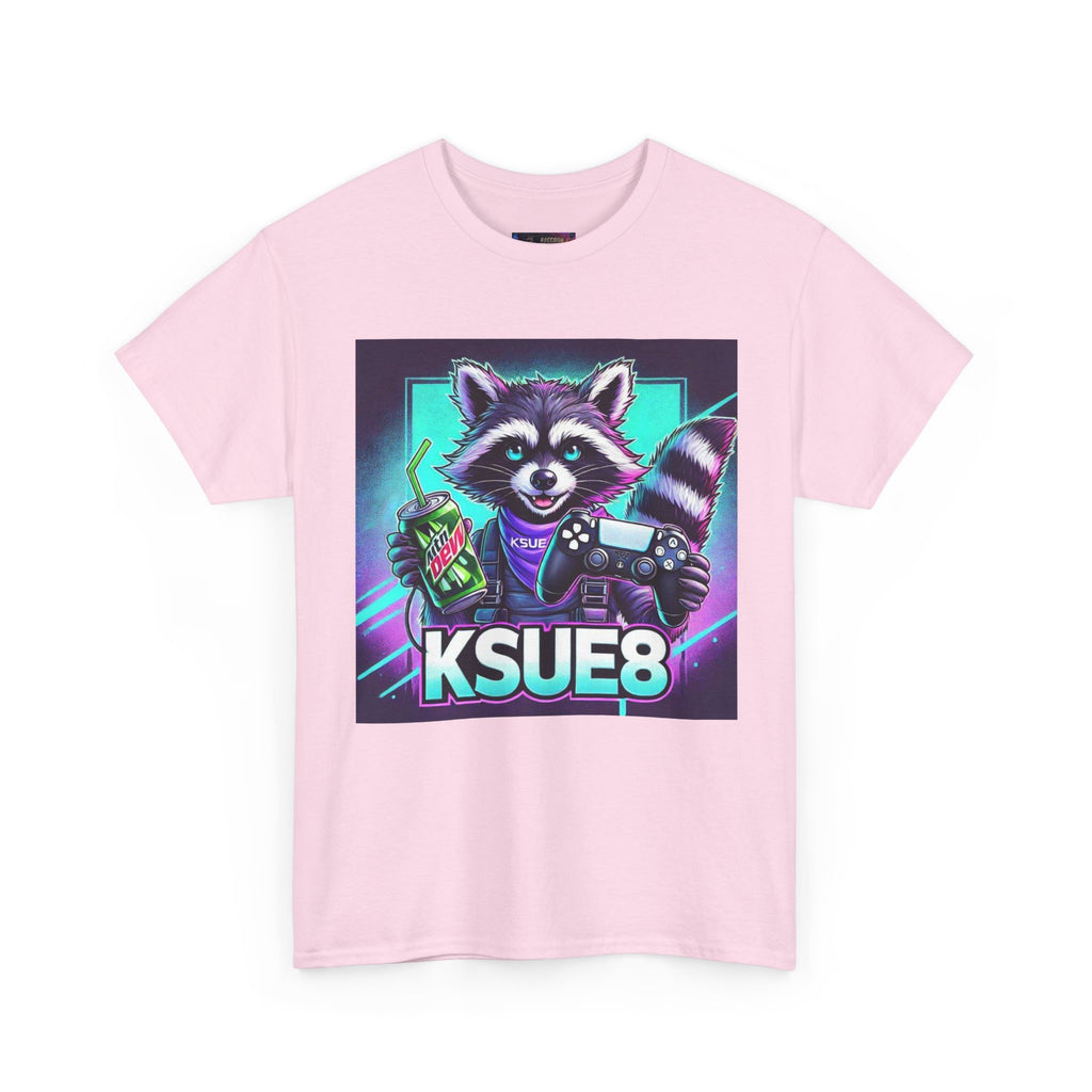 Raccoon Gamer Graphic Tee — 'KSUE8' Neon Retro Gaming T-Shirt