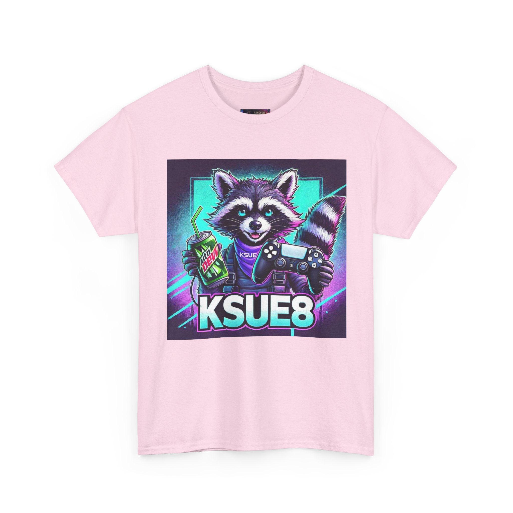 Raccoon Gamer Graphic Tee — 'KSUE8' Neon Retro Gaming T-Shirt