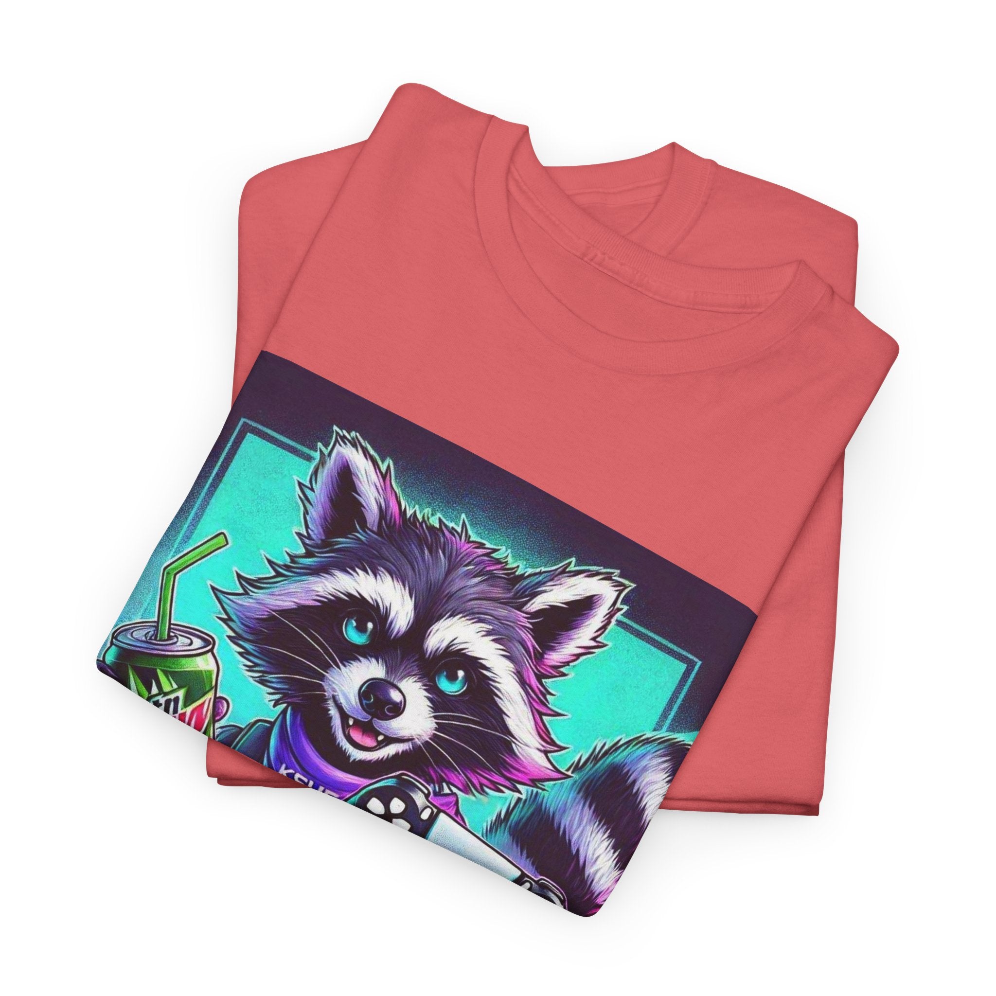 Raccoon Gamer Graphic Tee — 'KSUE8' Neon Retro Gaming T-Shirt
