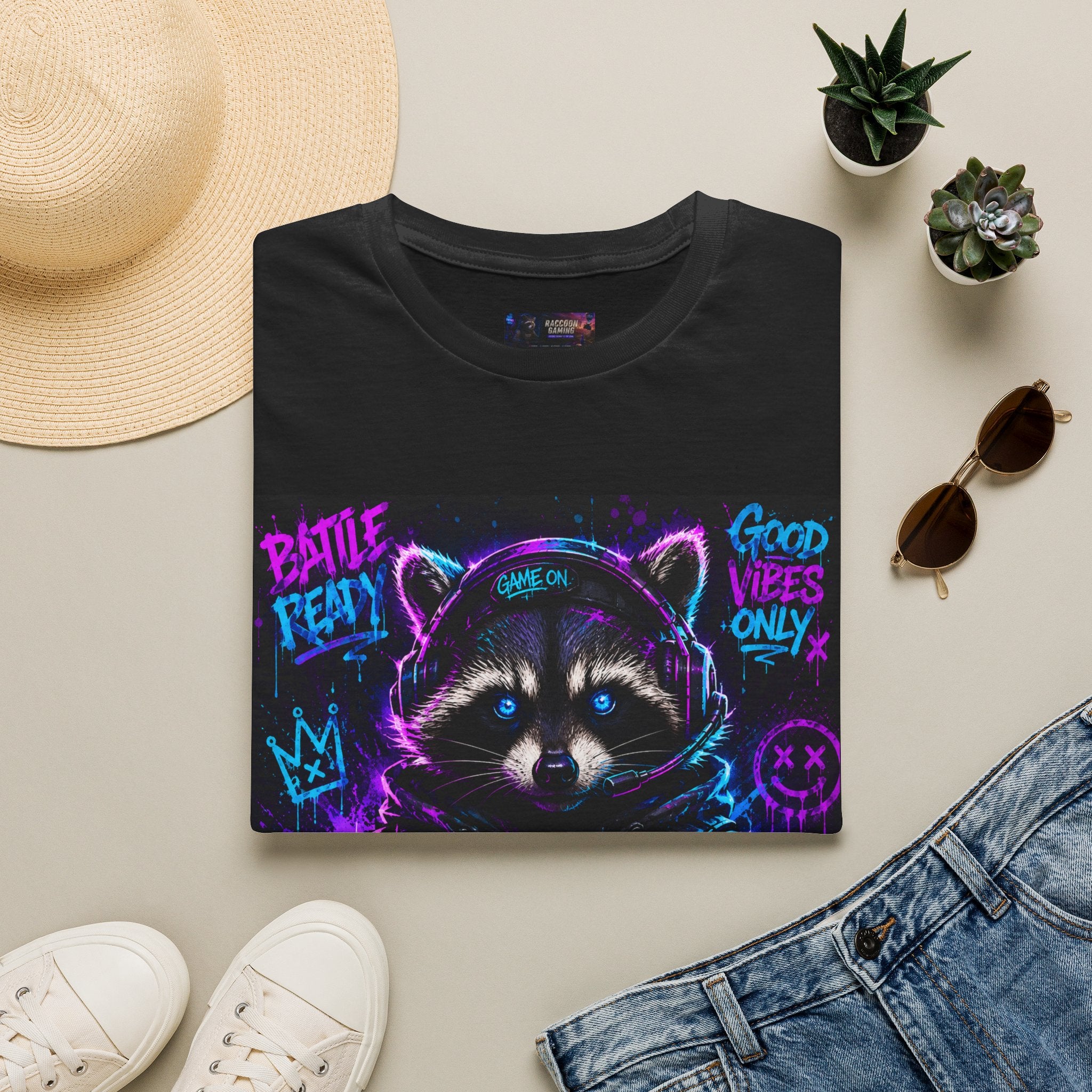 Raccoon Neon Graphic T-Shirt — "Good Vibes Only" Retro Gamer Streetwear
