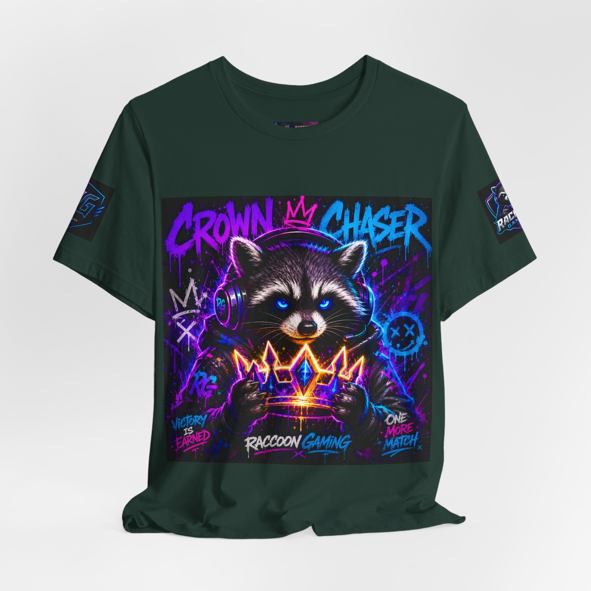 Crown Chaser Raccoon Gaming Tee — "Every Match is Earned" Gamer T-Shirt