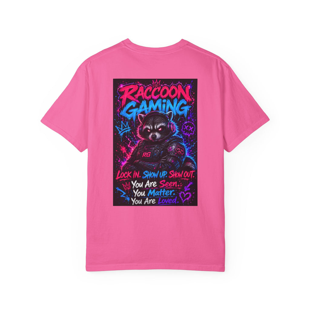 Raccoon Gaming Neon Poster T-Shirt — "Look In, Speak Up, Shine Out" Motivational Tee