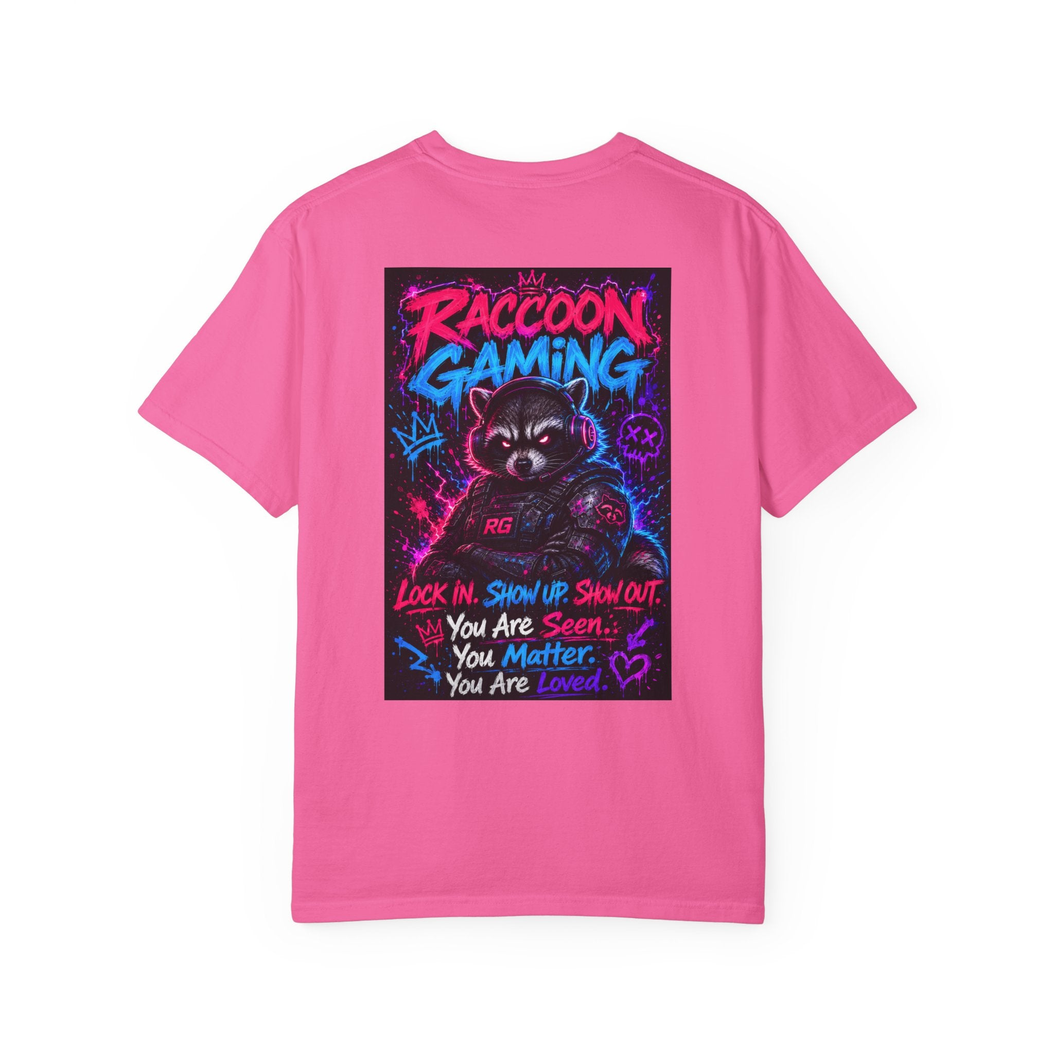 Raccoon Gaming Neon Poster T-Shirt — "Look In, Speak Up, Shine Out" Motivational Tee