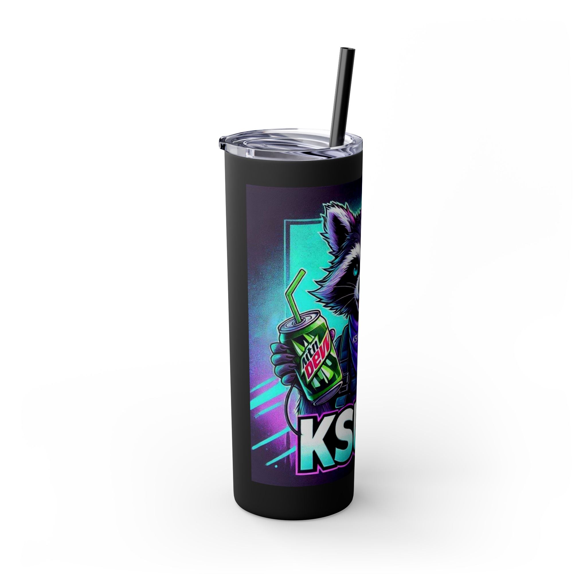 20oz Skinny Tumbler – Neon Gamer Raccoon Design with Straw (KSUE8)