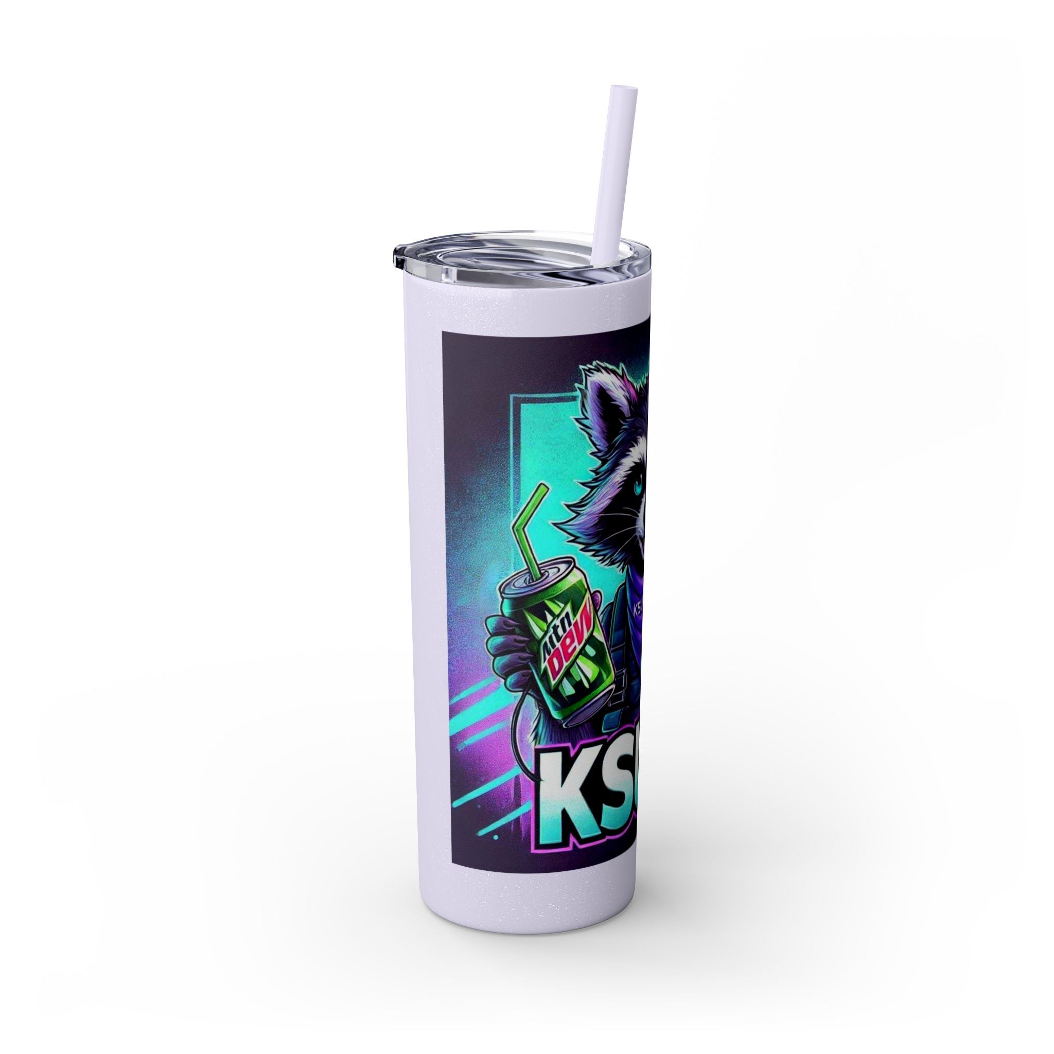 20oz Skinny Tumbler – Neon Gamer Raccoon Design with Straw (KSUE8)