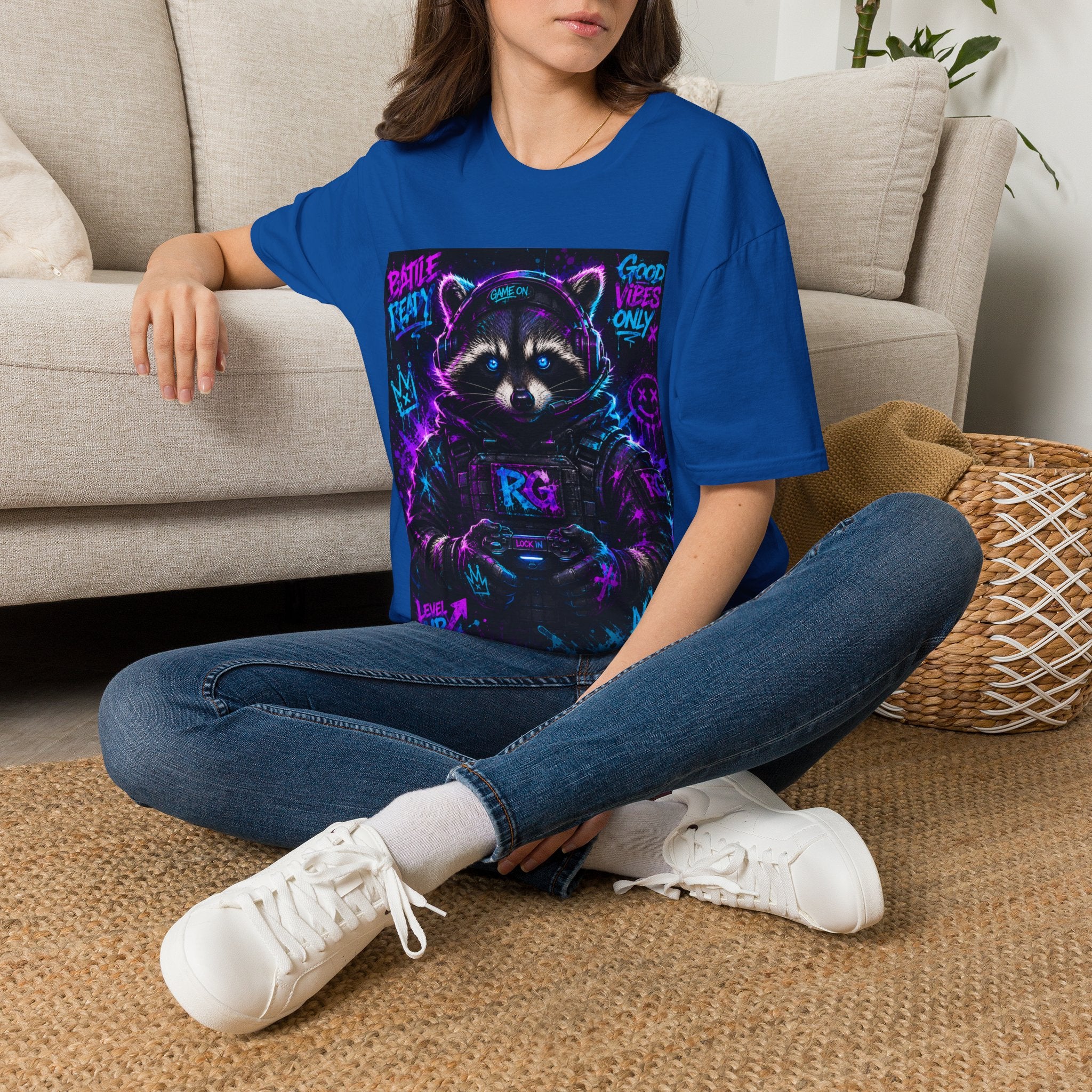 Raccoon Neon Graphic T-Shirt — "Good Vibes Only" Retro Gamer Streetwear