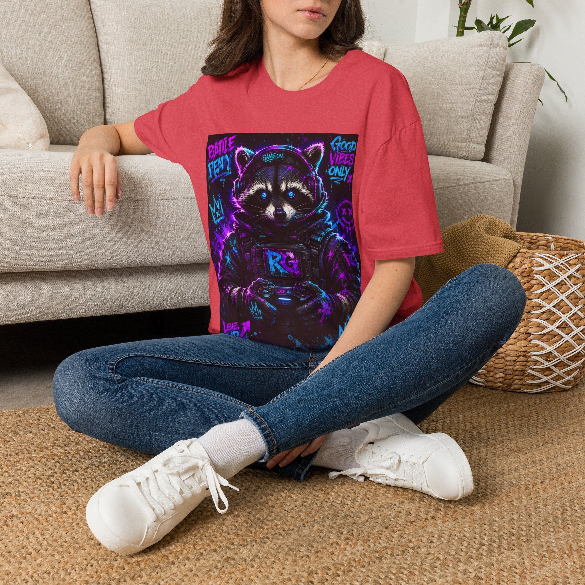 Raccoon Neon Graphic T-Shirt — "Good Vibes Only" Retro Gamer Streetwear